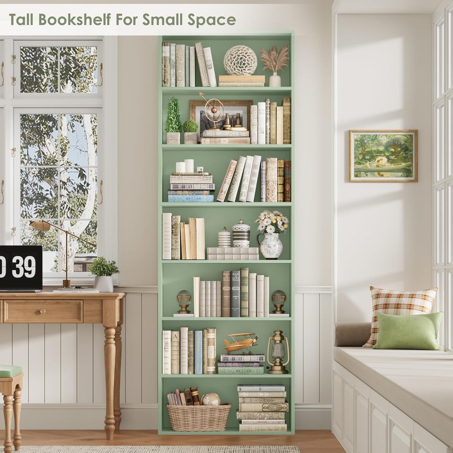 82" Tall Bookshelf, 7-Tier Open Shelves Bookcase, Freestanding Display Storage Shelves, Tall Bookcase Home Decor Furniture for Home Office, Living Room, Bedroom, Green