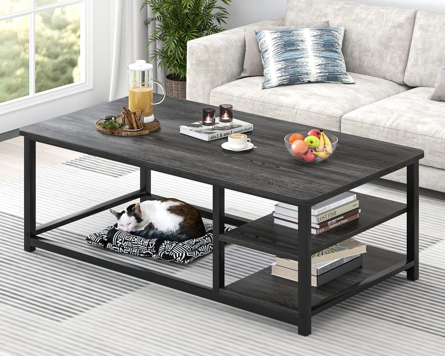 EXCEFUR Coffee Table, Rustic Wood and Metal Living Room Table with Adjustable Storage Shelf, Dark Grey, 47 Inch