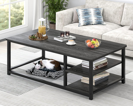 EXCEFUR Coffee Table, Rustic Wood and Metal Living Room Table with Adjustable Storage Shelf, Dark Grey, 47 Inch