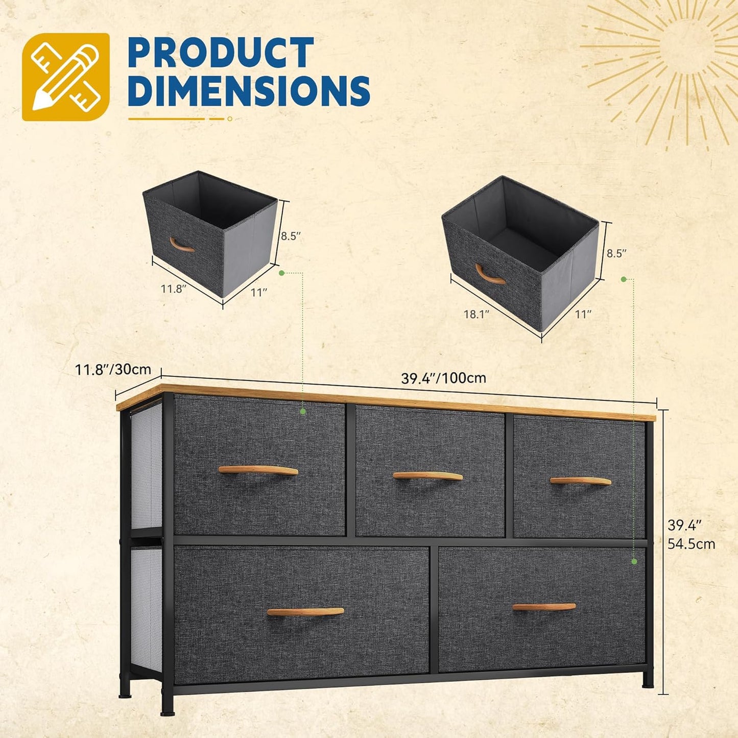 DWVO Dresser for Room with 5 Drawers - Fabric Storage Tower, Long Fabric Dresser, Organizer Unit for Closet, Hallway