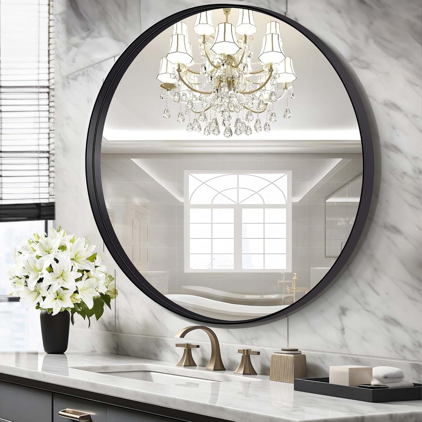 Black Round Mirror 42 inch Deep Frame Circle Mirror, Metal Frame Round Bathroom Mirror, Circle Mirrors for Wall Entryway Washroom Bedroom Living Room Hallway