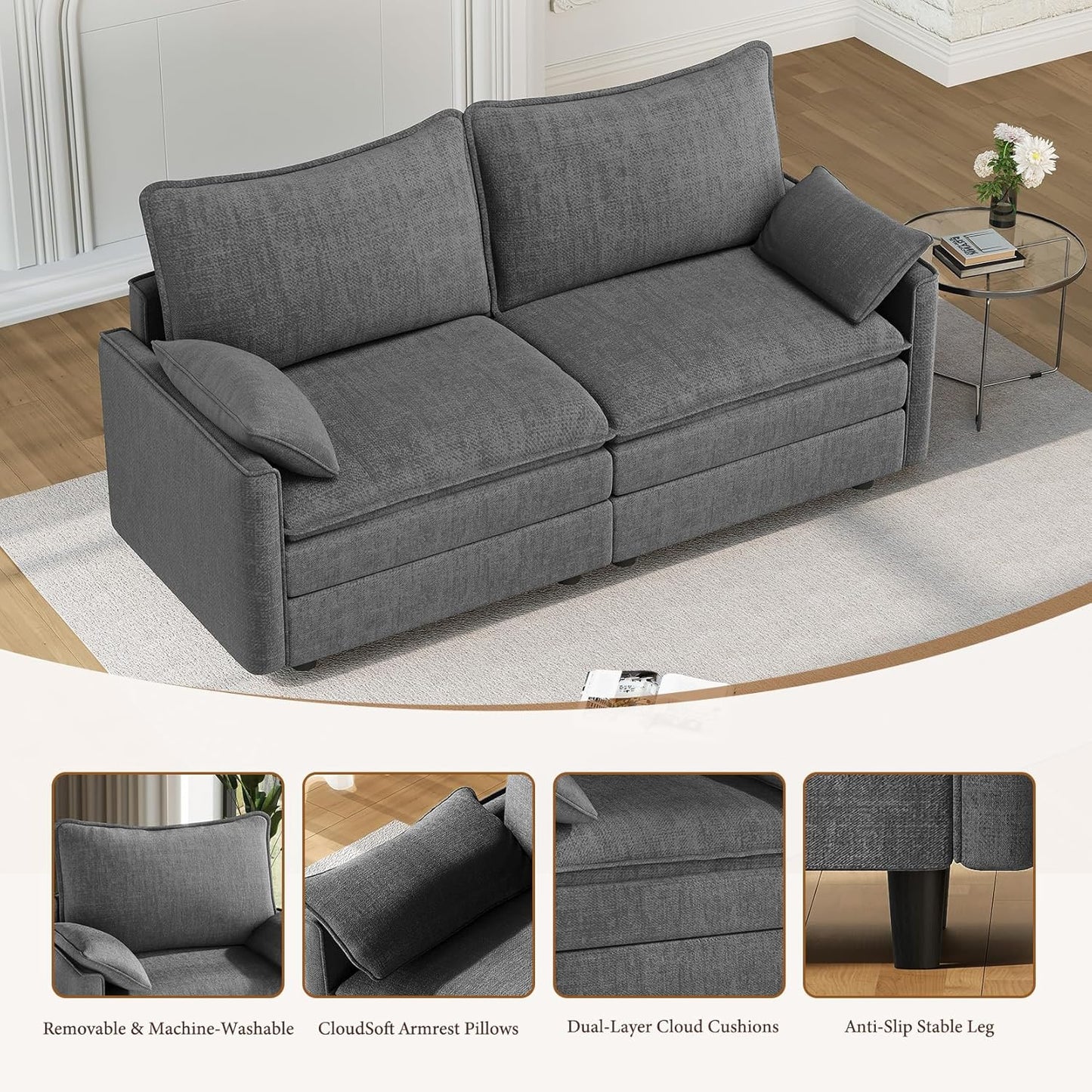 Vesgantti 74" Loveseat Sofa for Living Room, Comfy Cloud Couch Deep Seat Chenille Modern 2 Seater Small Sofa with Armrest Pillow, Easy Assembly for Small Spaces, Gray