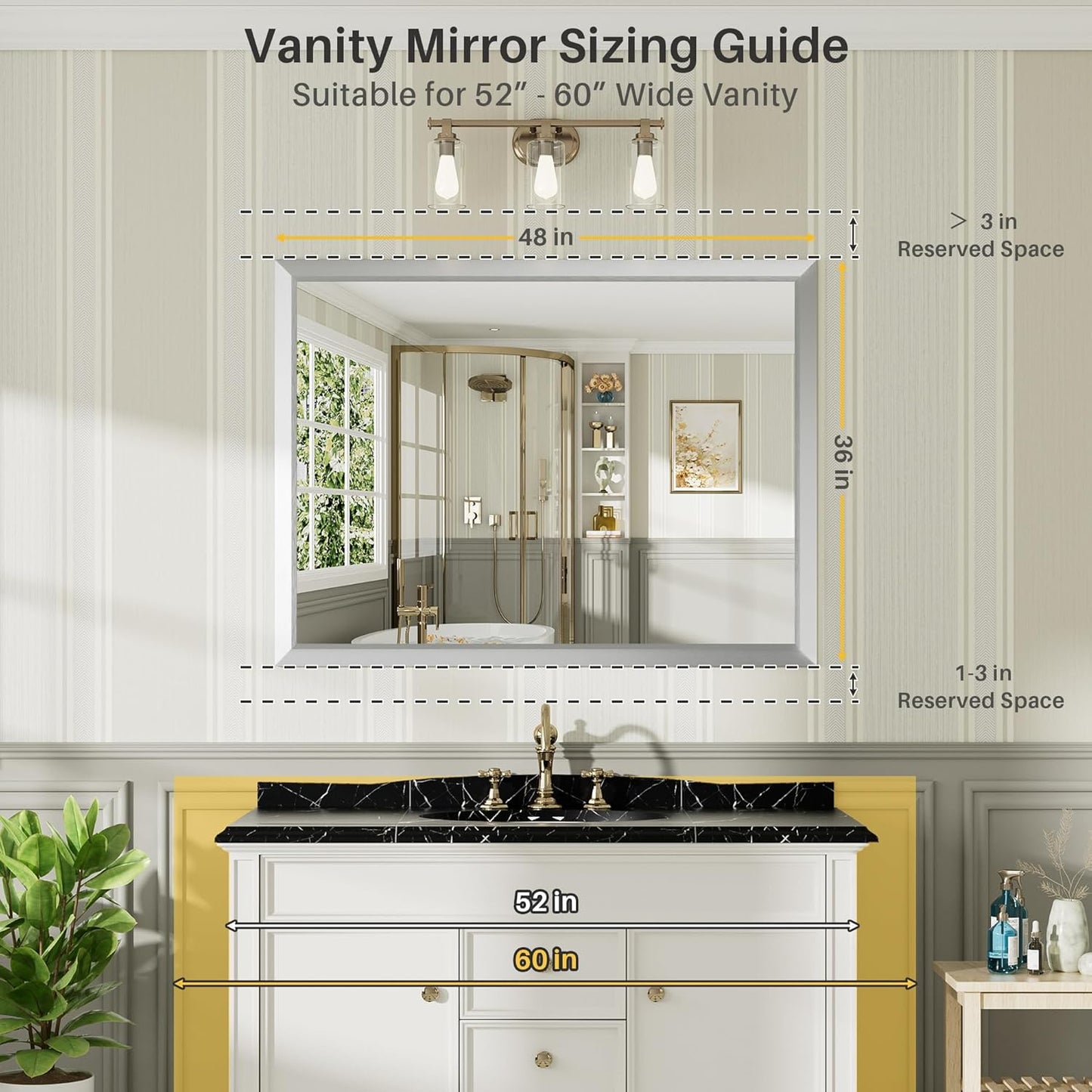 48x36 Inch Silver Bathroom Mirror for Wall, Thick Metal Framed Rectangle Mirrors for Over Sink, Bedroom, Living Room, Entryway, Anti-Rust, HD Tempered Glass