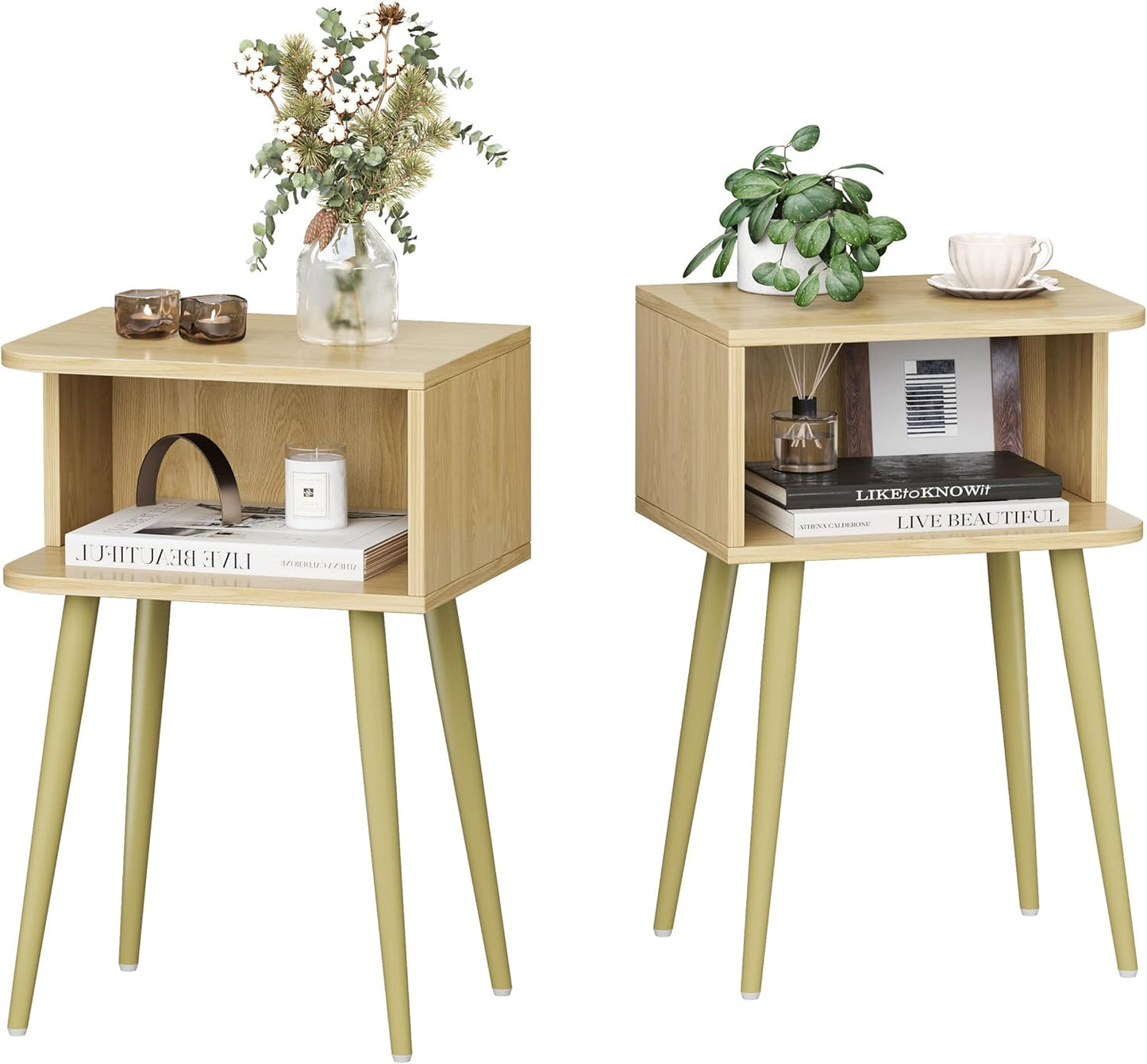 Natural Nightstand Set of 2, Small Bed Side Table for Small Spaces, Mid Century Modern Nightstand End Table with Open Storage, Side Table for Bedroom Living Room, MLBZ20Y-2