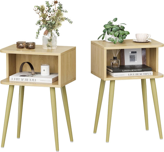 Natural Nightstand Set of 2, Small Bed Side Table for Small Spaces, Mid Century Modern Nightstand End Table with Open Storage, Side Table for Bedroom Living Room, MLBZ20Y-2