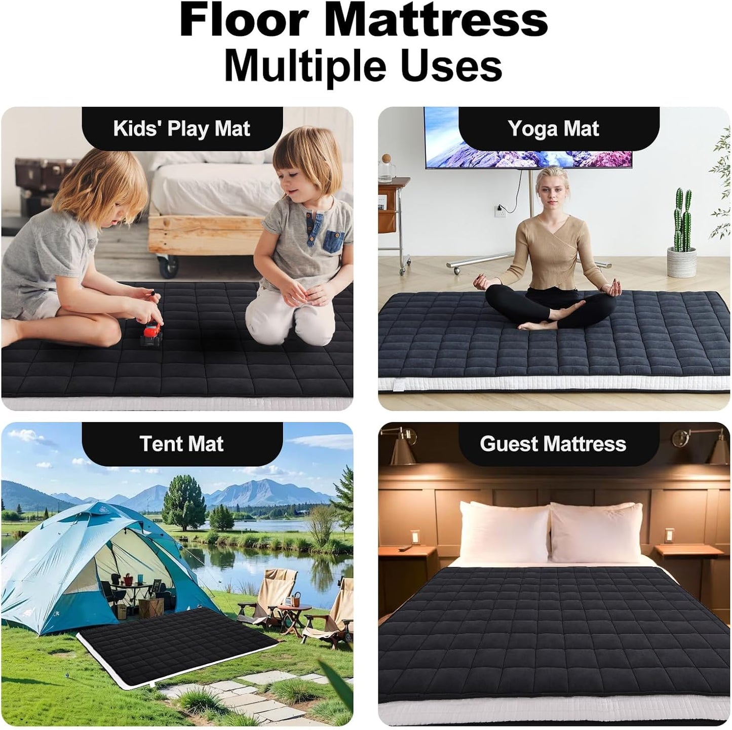 Tiita Japanese Floor Mattress, 4” Thicken Futon Mattress with Storage Bag and 2 Straps， Twin Size Sleeping Tatami Mat for Adults，Black