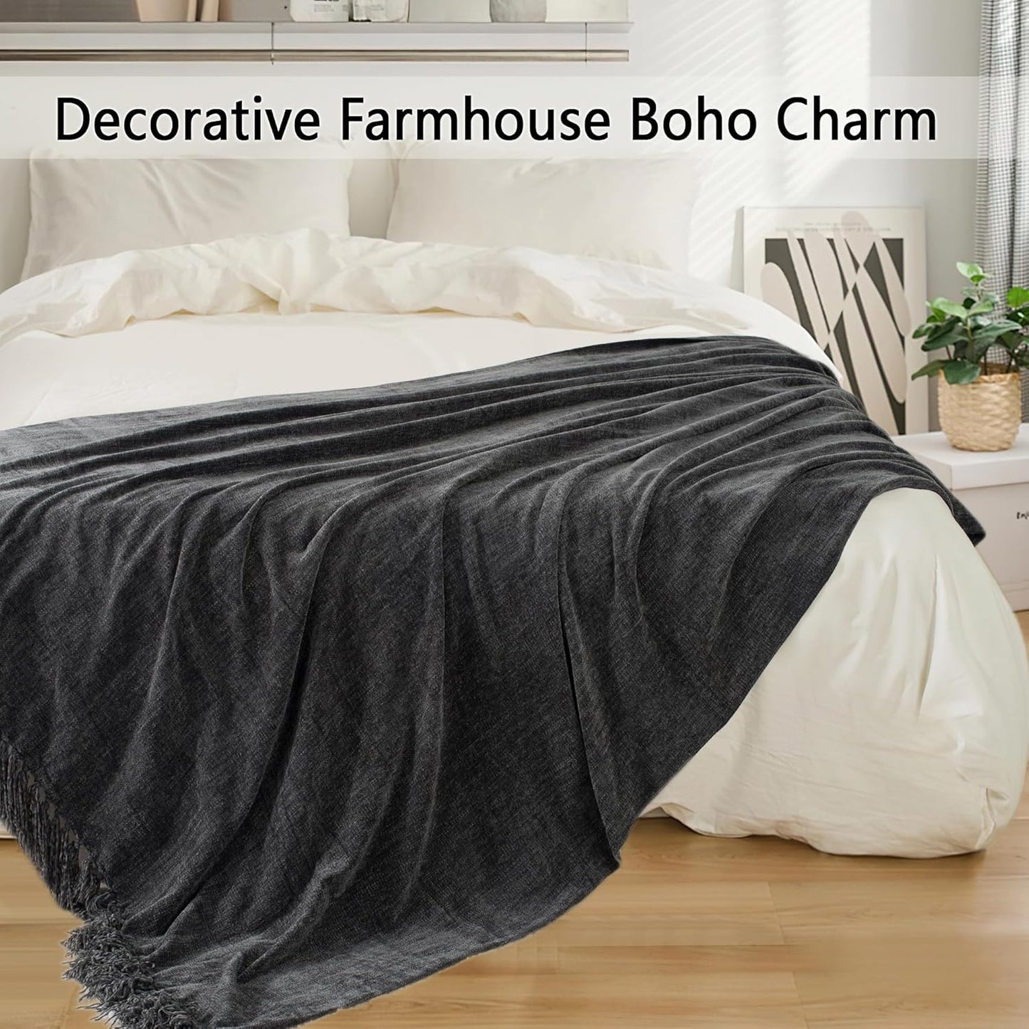 Chenille Throw Blanket for Couch 50"X 60", Soft Cozy Throws with Fringe Tassel for Bed Sofa Chair Cover, Lightweight Knitted Decorative Boho Blankets for Living Room, Dark Grey
