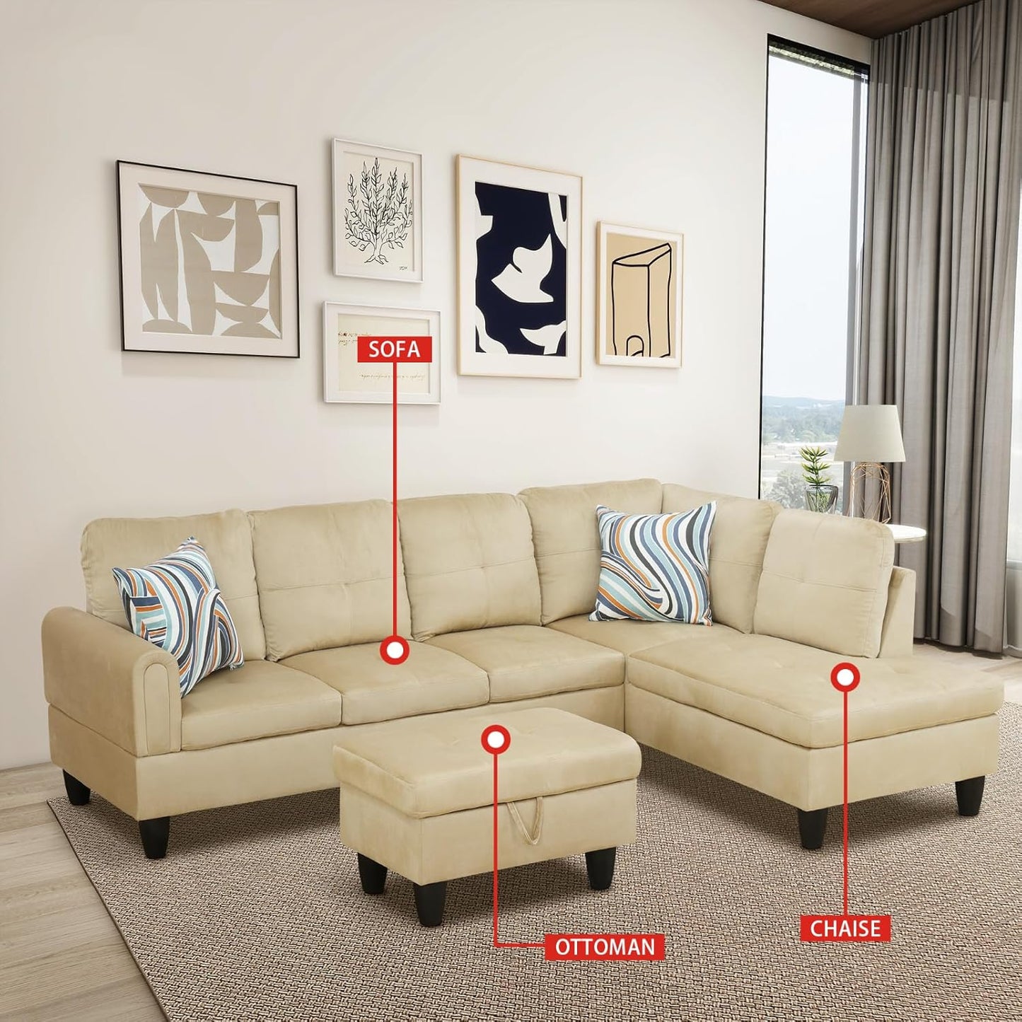 Beige L-Shaped 3-Piece Flannel Sofa with Storage Ottoman Set, Sectional Couch Sofa Set for Living Room, Office, Small Space