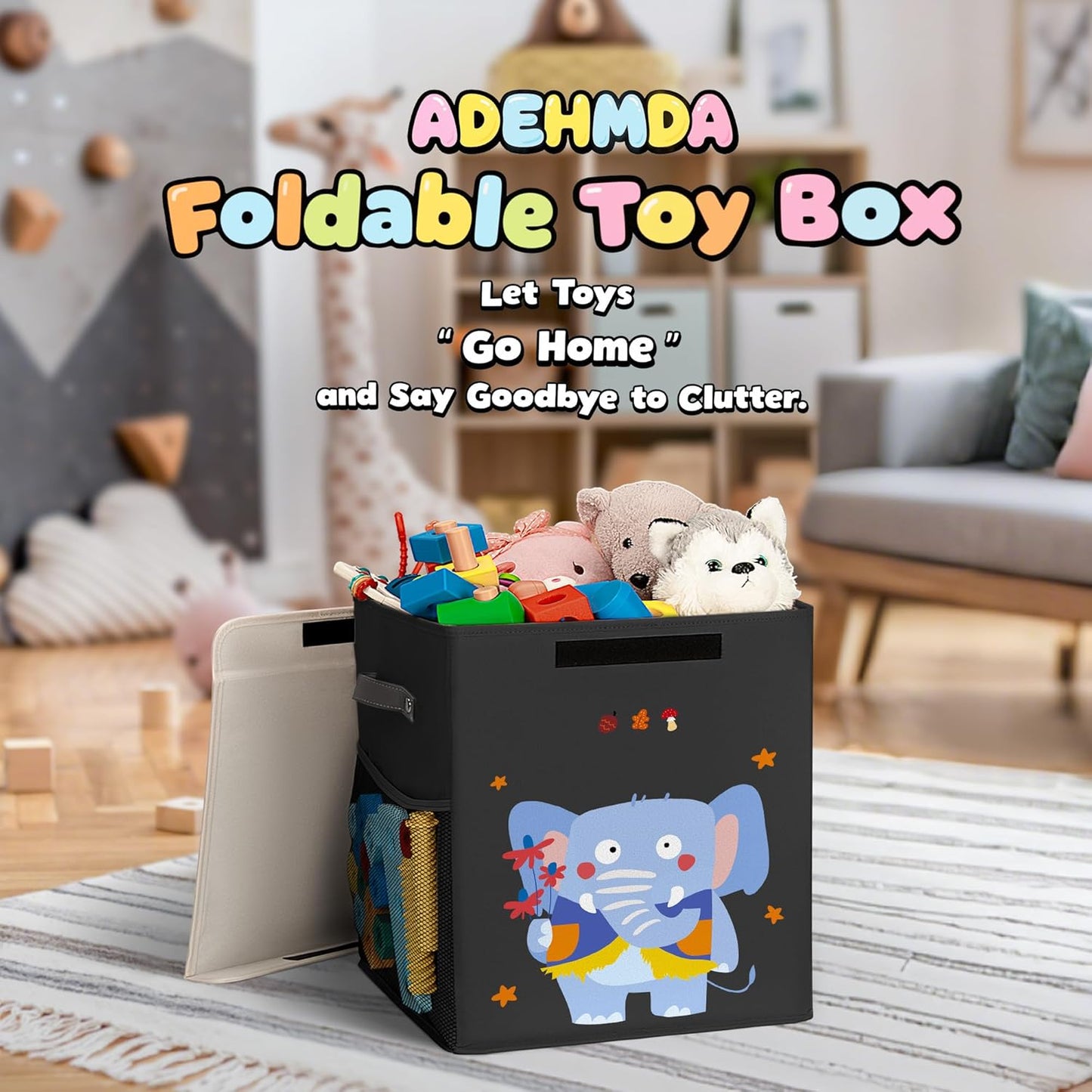 40L Large Toy Storage Box with Lid, Large Toy Box Chest for Kids, Girls and Boys, Nursery Room and Living Room, 13"x13" x16" (black-animal)