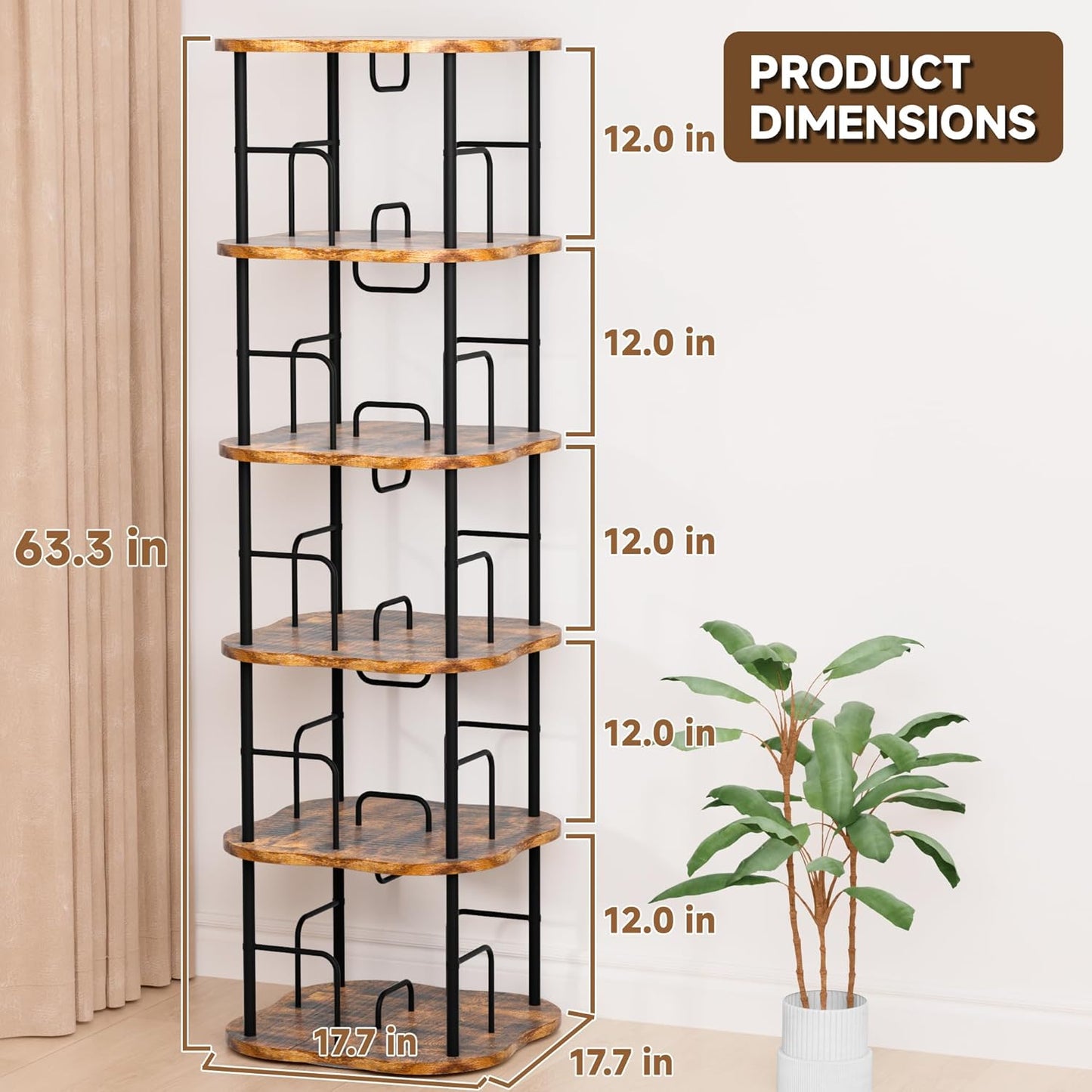 5-Tier Rotating Book Shelf, 360° Display Spinning Bookshelf Tower, Book Organizer, Floor Standing Bookcases for Small Space, Corner Book Shelf for Bedroom, Living Room, Study Room (RUSTIC BROWN)