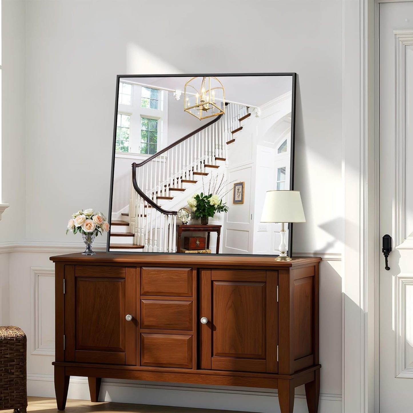 KOCUUY 36x36 Inch Large Black Wall Mounted Mirror,Aluminum Framed Decorative Rectangular Bathroom Mirror for Wall Over Sink,Vanity Mirror for Bedroom Living Room Bathroom,Functional Oversized Mirror