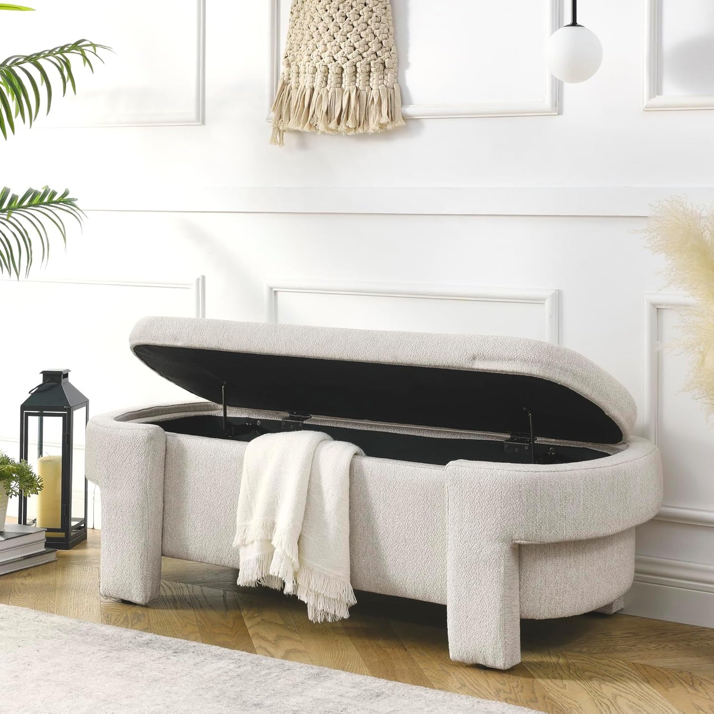 Oval Storage Bench,Upholstered Ottoman with Hinges,Easy to Install,for Living Room,Entryway,Bedroom,Beige