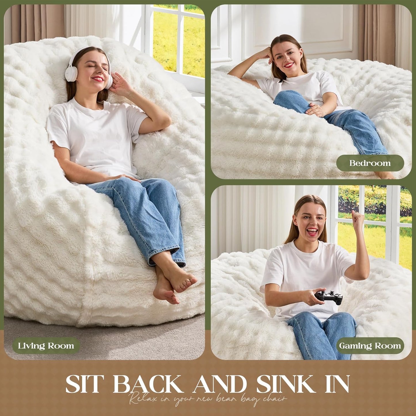 Hobestluk Bean Bag Chairs 6ft Beanbag Chair with Filler Adult Bean Bags with Fluffy & Machine Washable Cover, Giant Bean Bag Chairs for Aduts (White, 6FT-70" x 70" x 15")