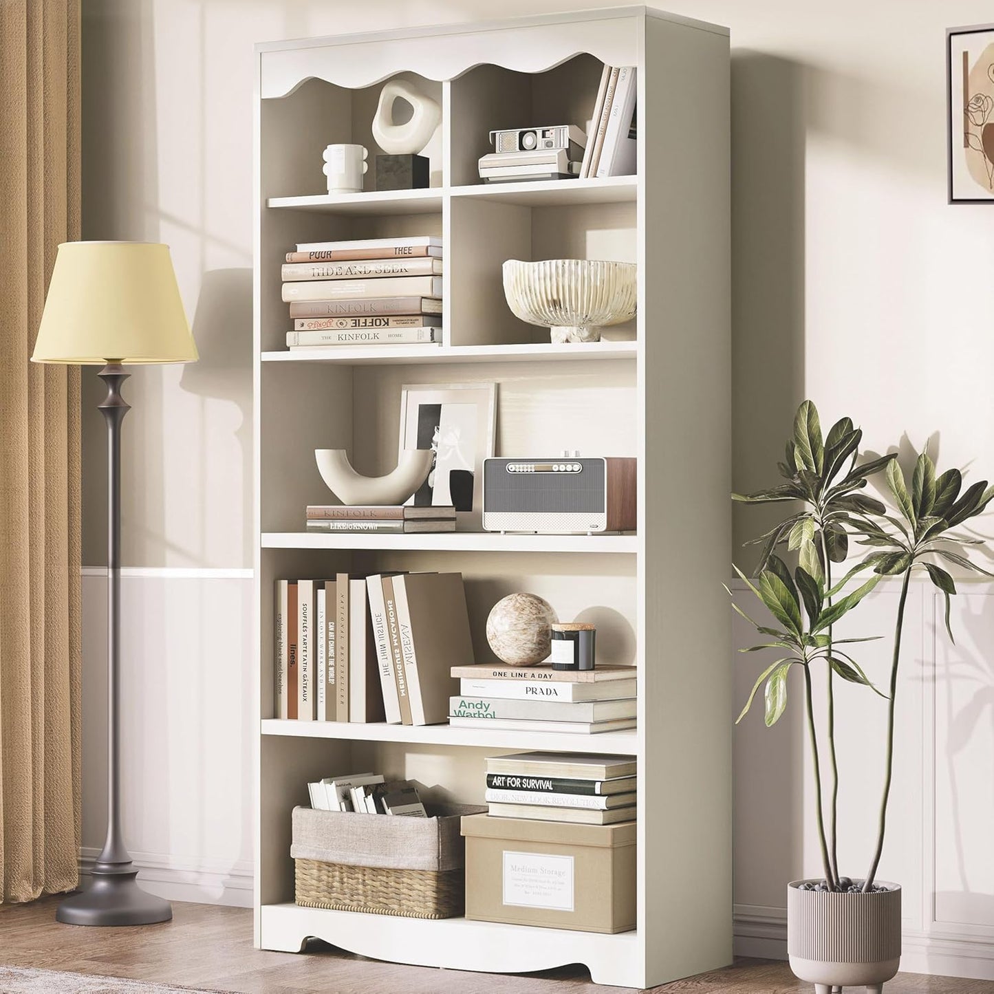 LINSY HOME 5-Shelf Bookcase Wooden, 63" Tall Bookshelf with Storage, Open Floor Standing Cube Shelf Bookcase Libreros, Beige Modern Book Shelf for Bedroom, Living Room, White Oak