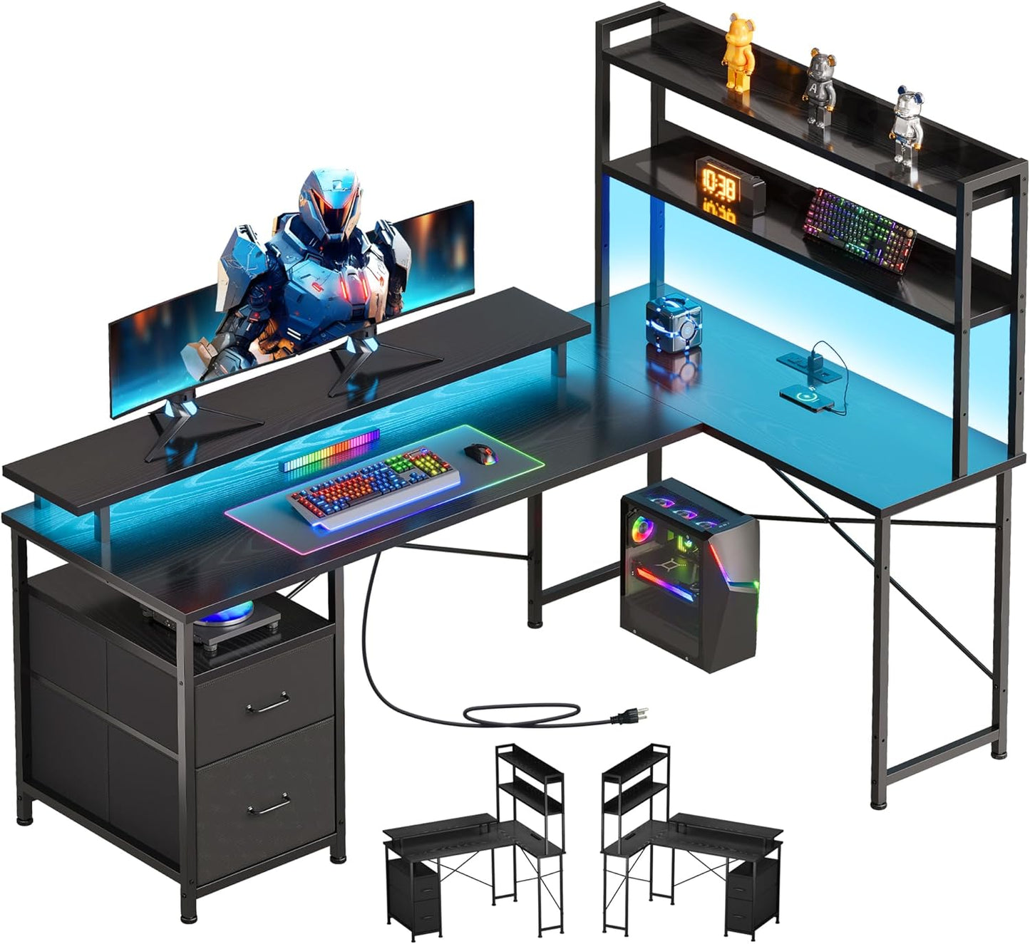 L Shaped Gaming Desk with Shelves,Reversible Computer Gaming Desk with LED Lights and Charging Station,Home Office Corner Desk with Monitor Stand,Black