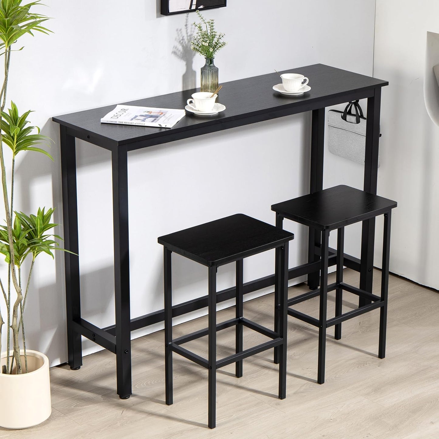 Finnhomy 52.7" Industrial Bar Table Set with 2 Stools - Counter Height Dining & Pub Table for Small Spaces, Kitchen, Apartment, Breakfast Nook - Metal & Wood, Space-Saving Furniture - Rustic Black