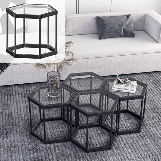 Coffee Table Glass Modern Coffee Table, Hexagon Free Combination Glass Center Table Small End Tables with Metal Frame for Living Room Set of 1