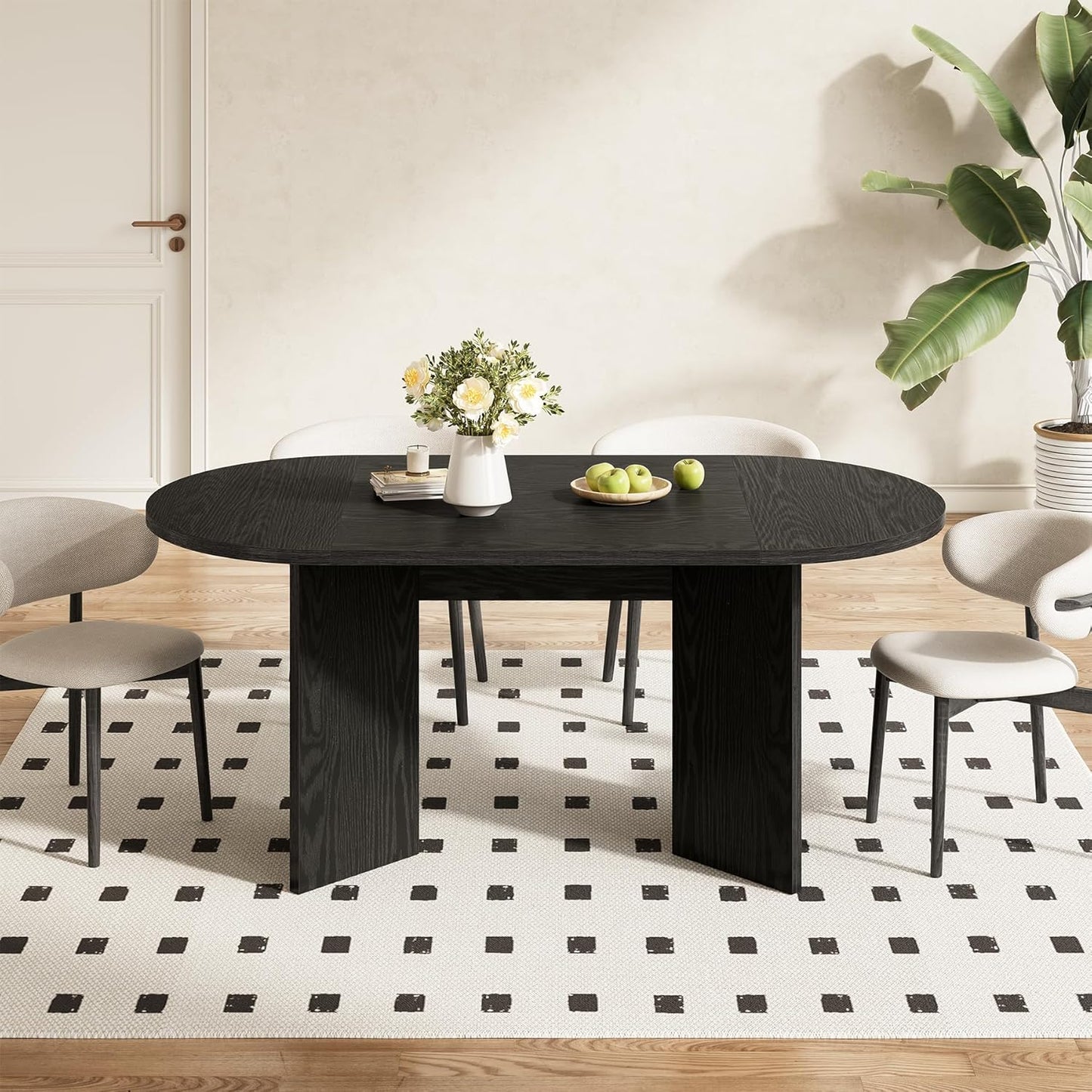 LITTLE TREE 63" Rustic Oval Dining Table for 4-6, Sturdy MDF Farmhouse Kitchen Table with Metal Strip Base, for Living Room, Office, Restaurant, Multi-Use, Black