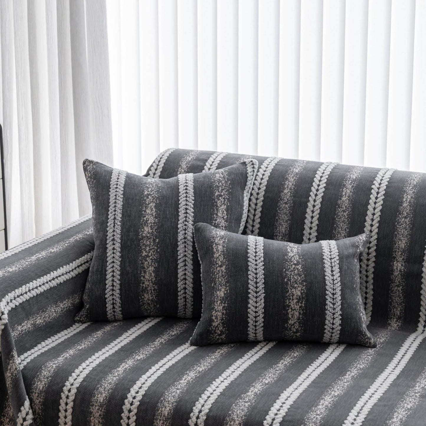 Pack of 1 Decorative Throw Pillow Covers 12x20 Inch, Pillow Cases for Living Room Couch Bedroom Farmhouse Home Decor, Soft Stripe Chenille Cushion Covers for Sofa Grey,12''x20''