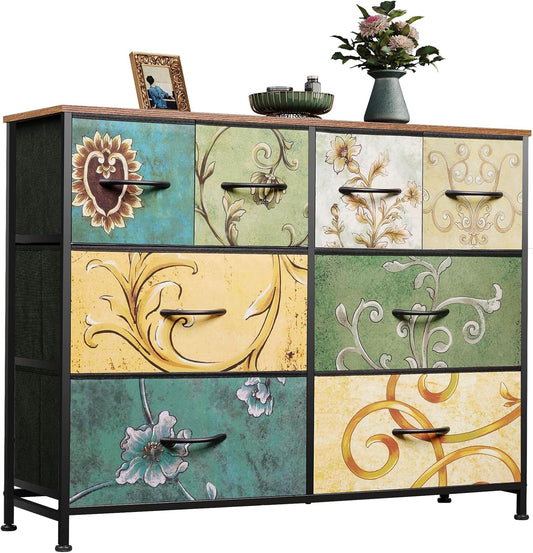 WLIVE 8 Drawer Dresser for Bedroom, Wide Fabric Dresser Storage Organizer, Chest of Drawers with Wood Top, Sturdy Steel Frame, Dressers for Living Room, Closet, Hallway, Floral Painted