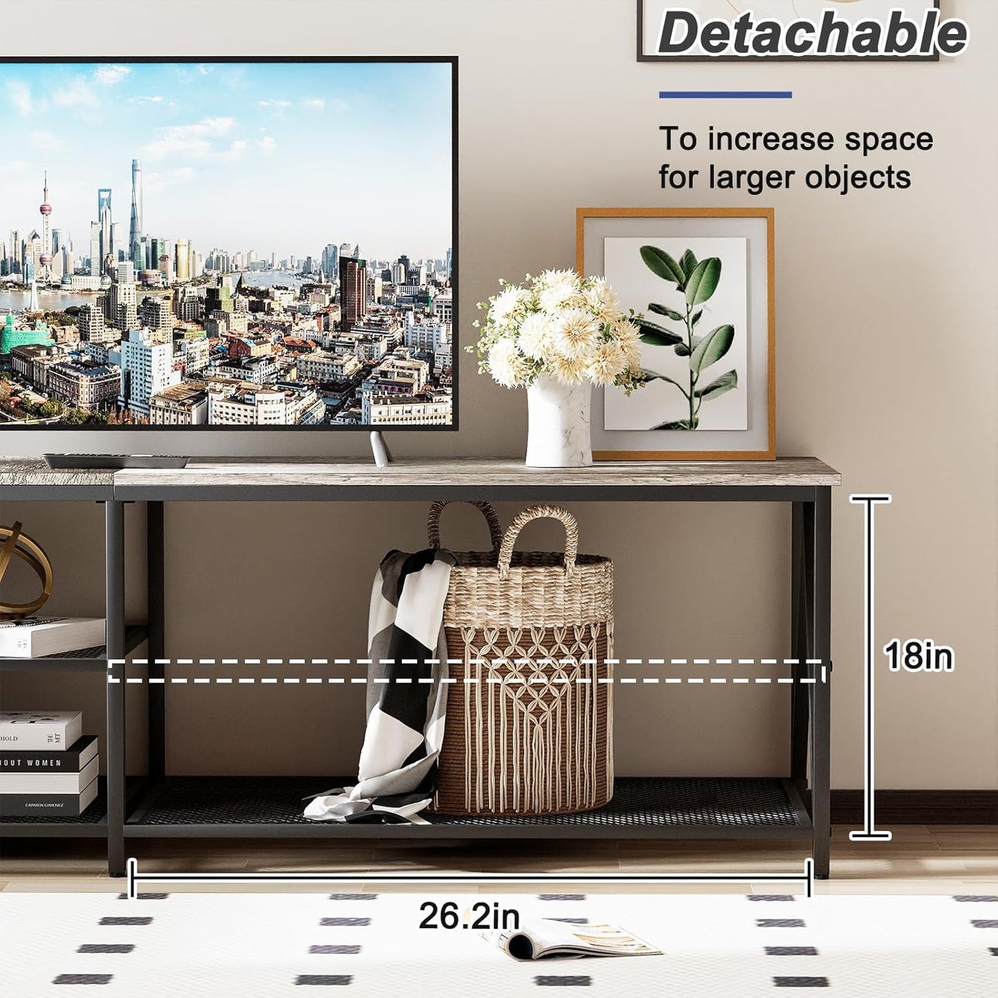 TV Stand for TVs up to 65 Inch, 55" Long Industrial TV Console Table with 3-Tier Storage Shelves, Entertainment Center for Living Room, Bedroom (Gray)