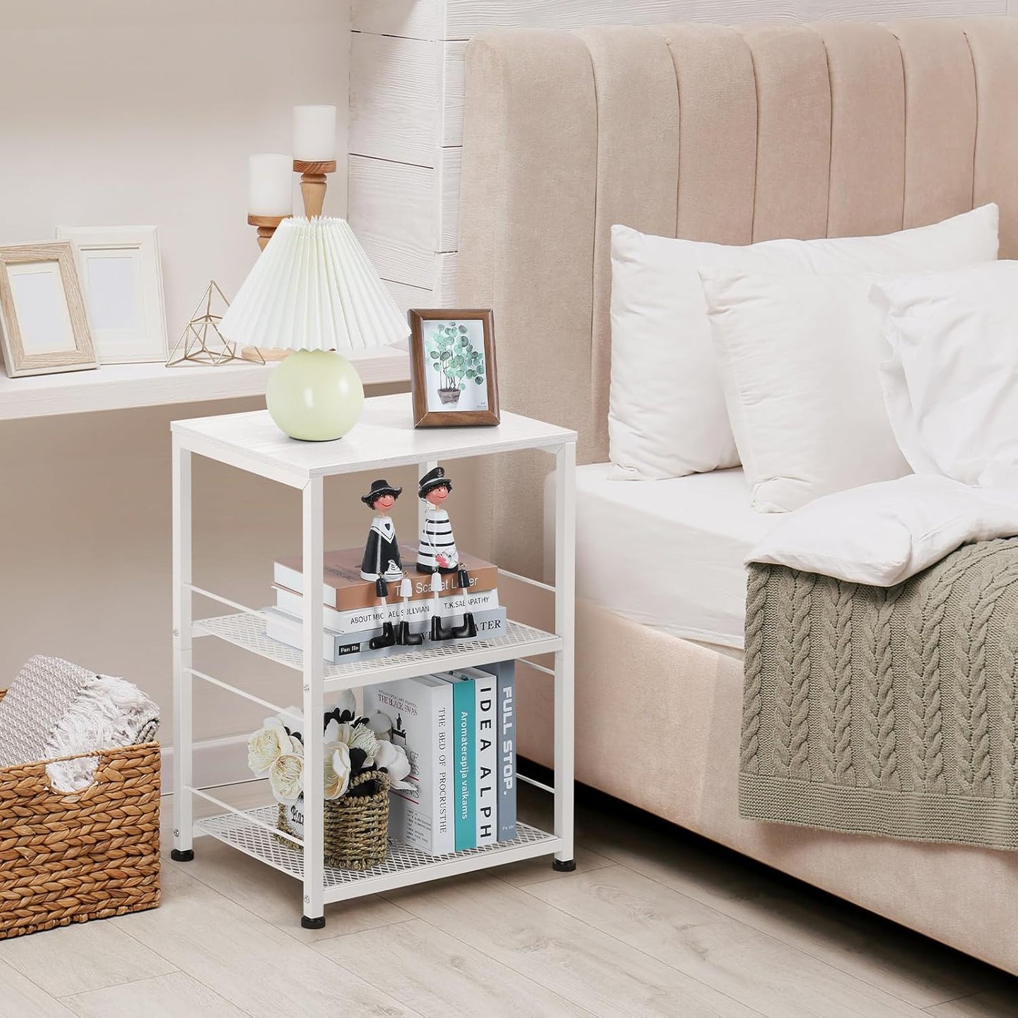 OYEAL End Table, Small Side Table Living Room, White Nightstand with 2-Tier Storage Shelf, Printer Stand Sofa Table for Small Spaces, Living Room, Bedroom, Easy Assembly