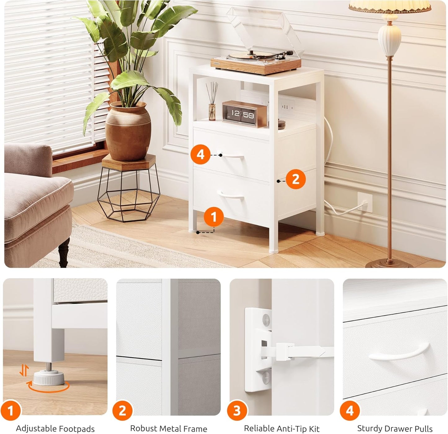 NightStand Bedside Charging Table Bedroom - Night Stand with Charger Station, White Modern Bed Side End Table with Open Shelf & 2 Fabric Drawers, USB-C USB Ports & AC Outlets for Dorm, Living Room