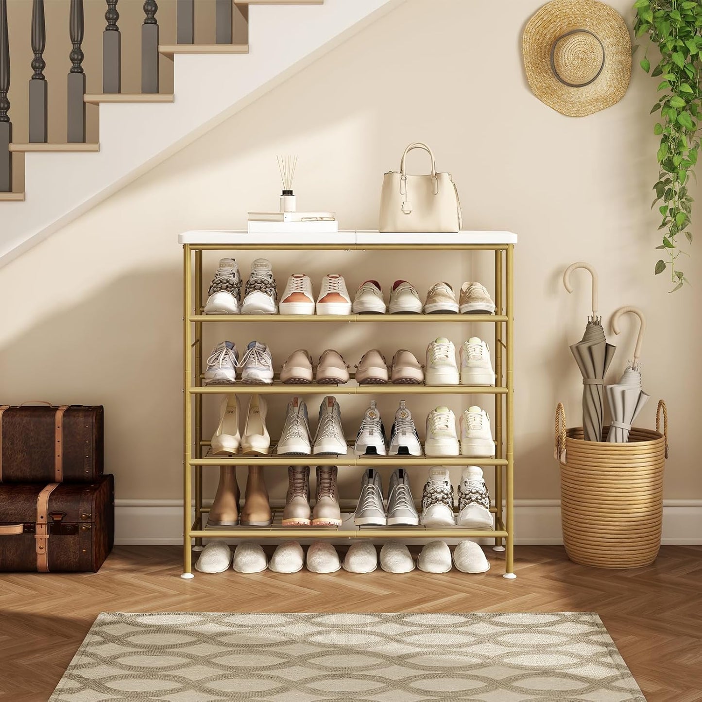 Shoe Rack Organizer 5 Tier for Closet Entryway Free Standing Metal Storage Shoe Shelf with MDF Top Board，Gold