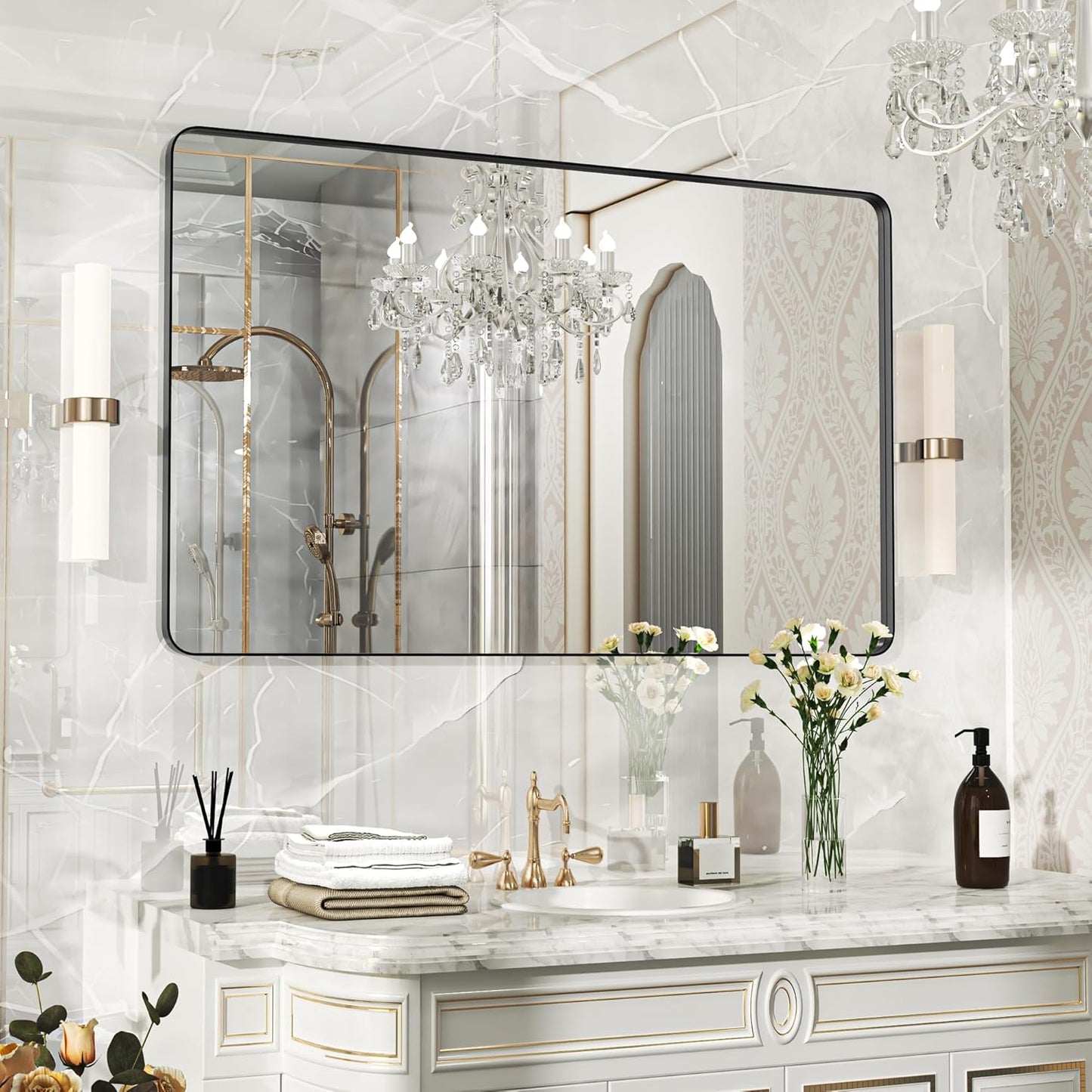 48×30 Black Bathroom Mirror, Rectangular Bathroom Vanity Mirror for Wall with Rounded Corners & Aluminum Alloy Frame, Tempered-Glass, Modern, Farmhouse, Horizontal/Vertical, Entryway, Bedroom