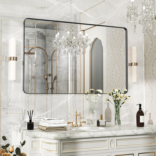48×30 Black Bathroom Mirror, Rectangular Bathroom Vanity Mirror for Wall with Rounded Corners & Aluminum Alloy Frame, Tempered-Glass, Modern, Farmhouse, Horizontal/Vertical, Entryway, Bedroom