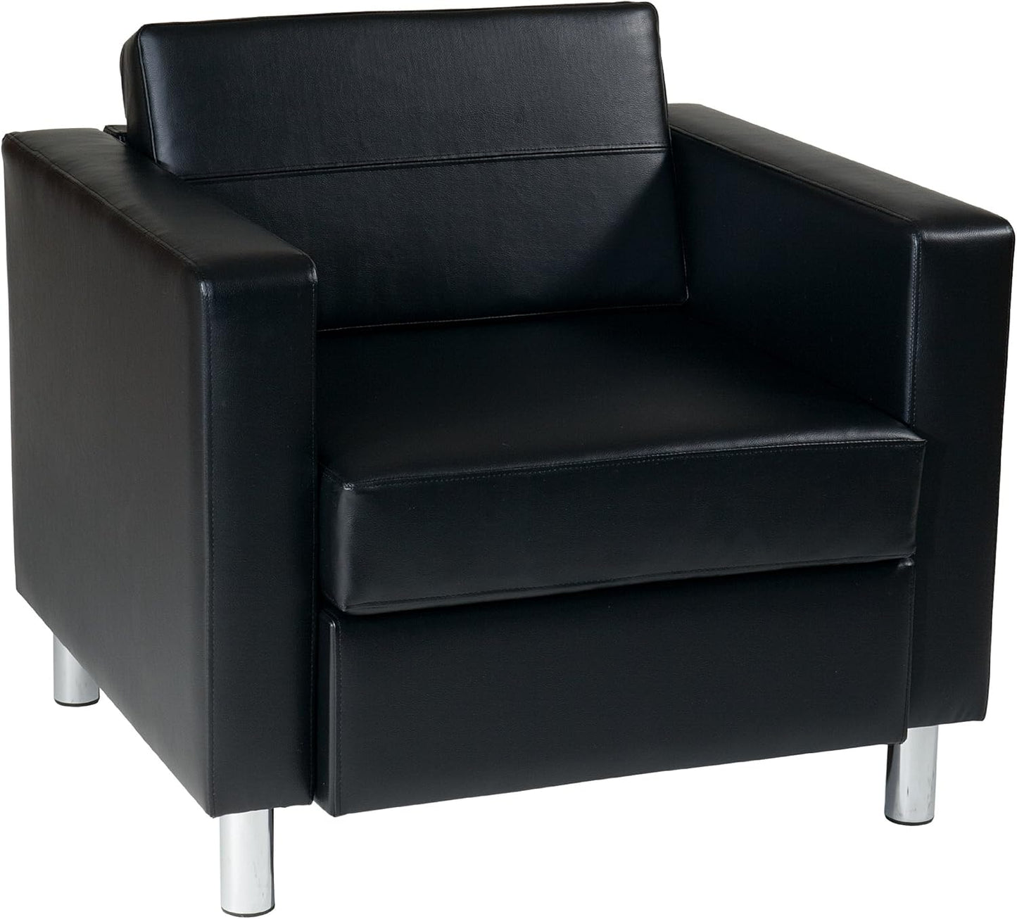 OSP Home Furnishings Pacific Armchair with Padded Box Spring Seats and Silver Finish Legs, Black Vinyl