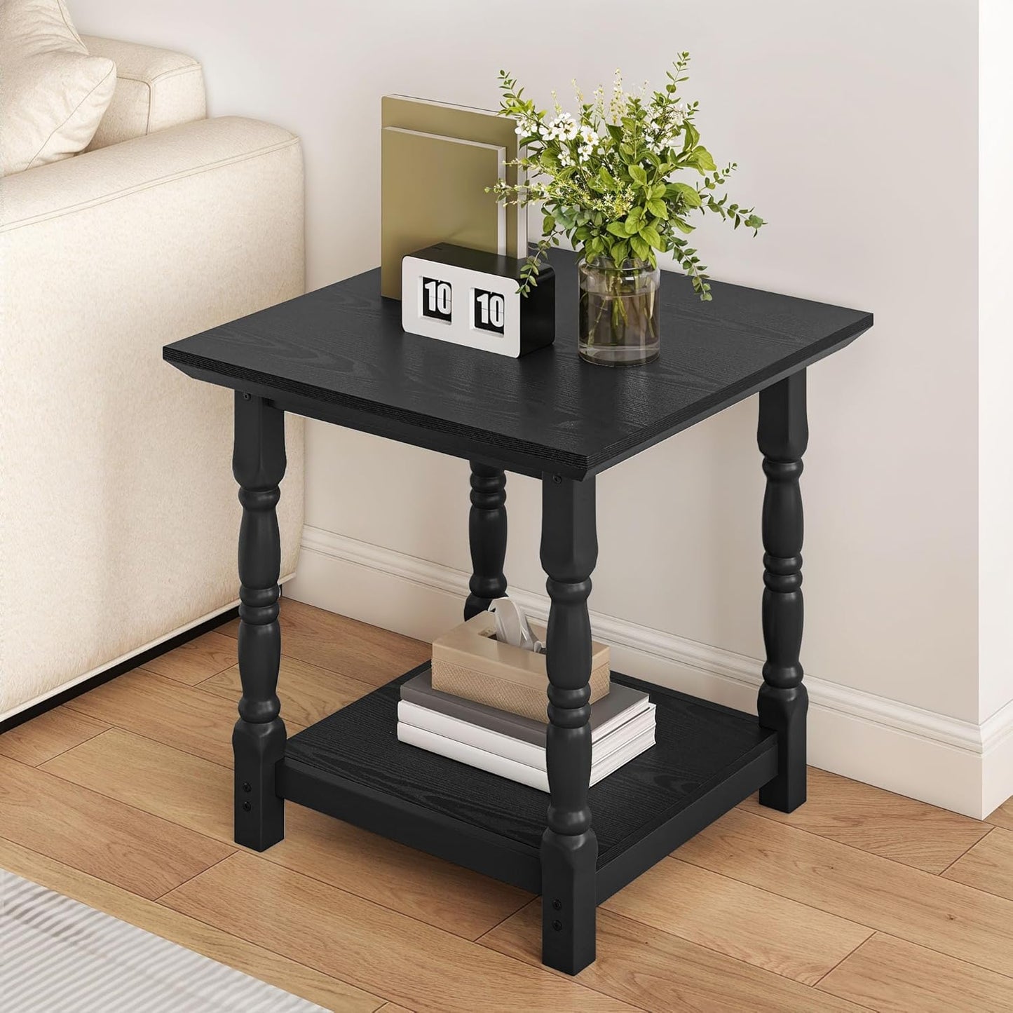 DWVO Farmhouse Square Coffee Table, Antique Accent Side Table with Floor Shelf, 23.6"x 23.6" Living Room Furniture, Black