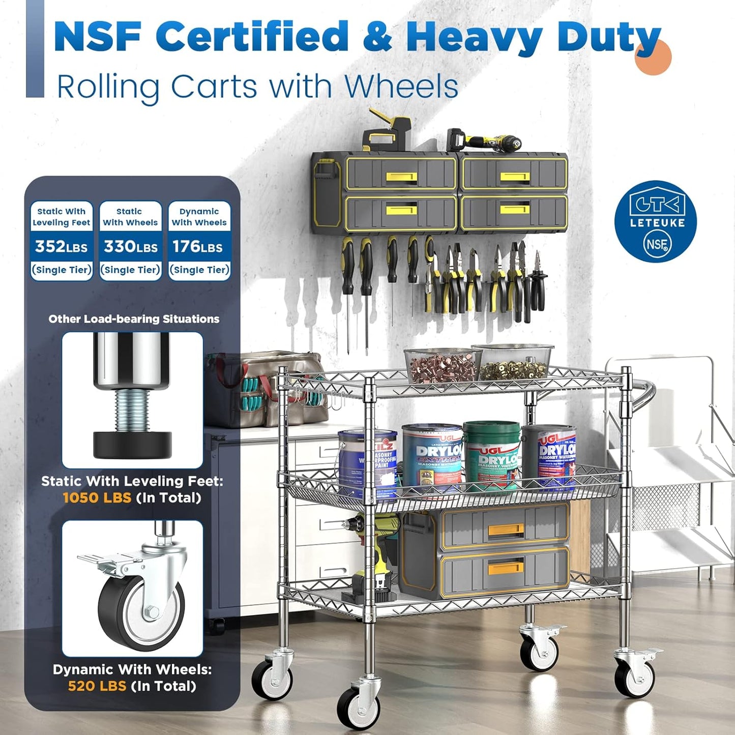 Leteuke Heavy Duty 3 Tier Rolling Utility Cart,NSF Certified 990Lbs Capacity Rolling Carts with Wheels,Commercial Grade Metal Cart with Handle Bar & Shelf Liner,Trolley Serving Cart for Kitchen,Chrome