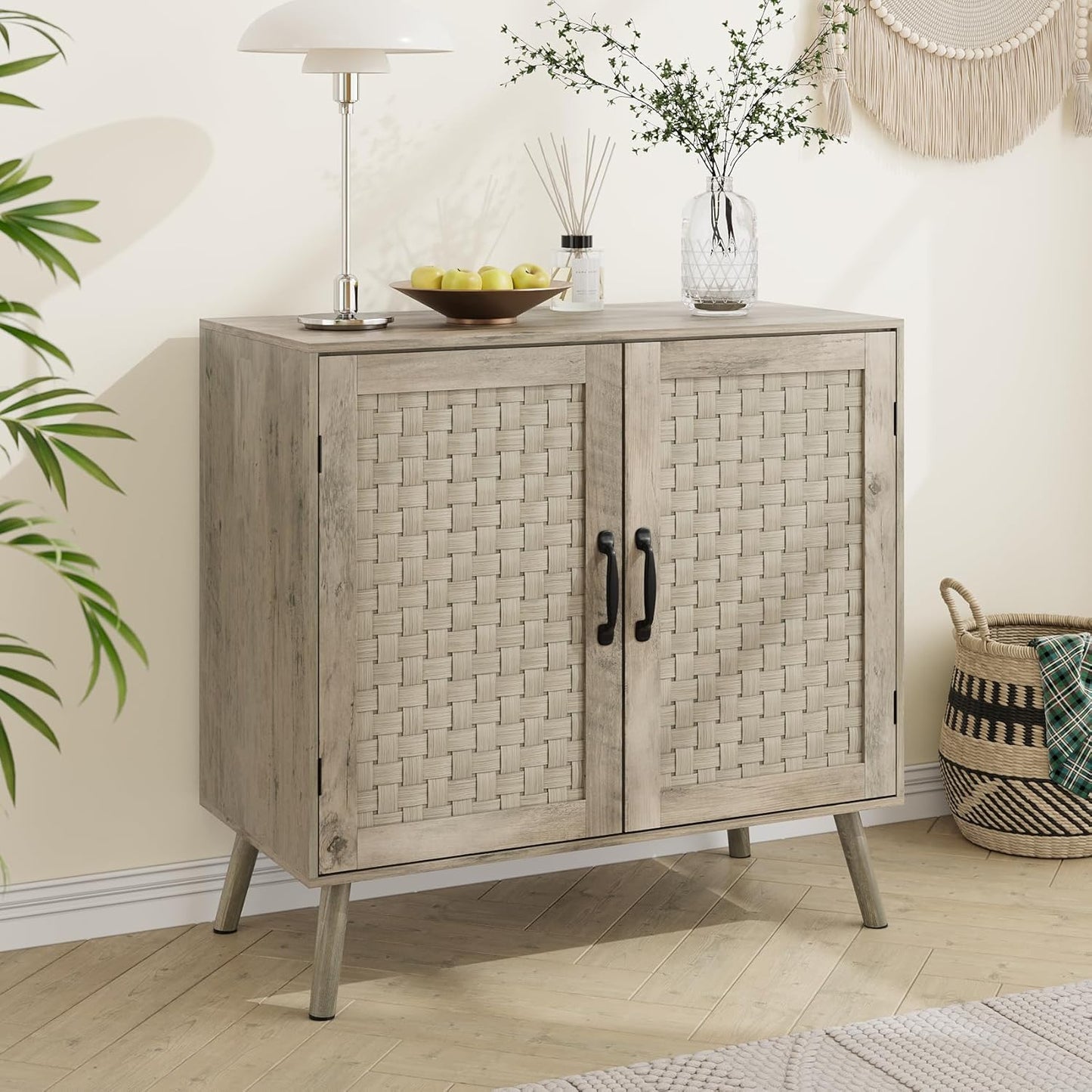 Farmhouse Sideboard Cabinet, Buffet Storage Cabinet with Handmade PVC Rattan Decor Doors & Adjustable Shelf, Wood Accent Table Coffee Station for Kitchen, Living Room, Entryway, Grey Oak