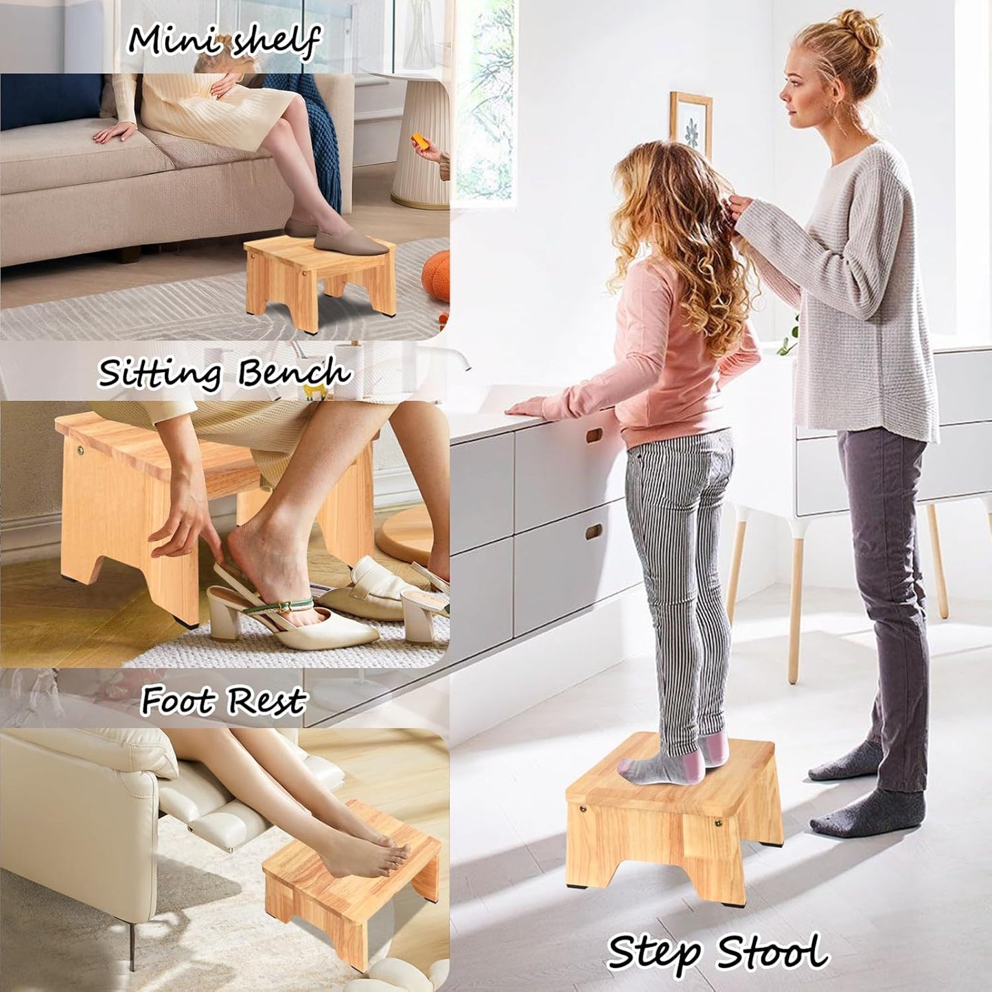One Step Stool for Adults Seniors, 6.5" Heavy Duty Wooden Stepping Stools with 550 LBS Capacity for Bedroom Kitchen Bathroom, Bed Steps for High Beds, Bedside Support