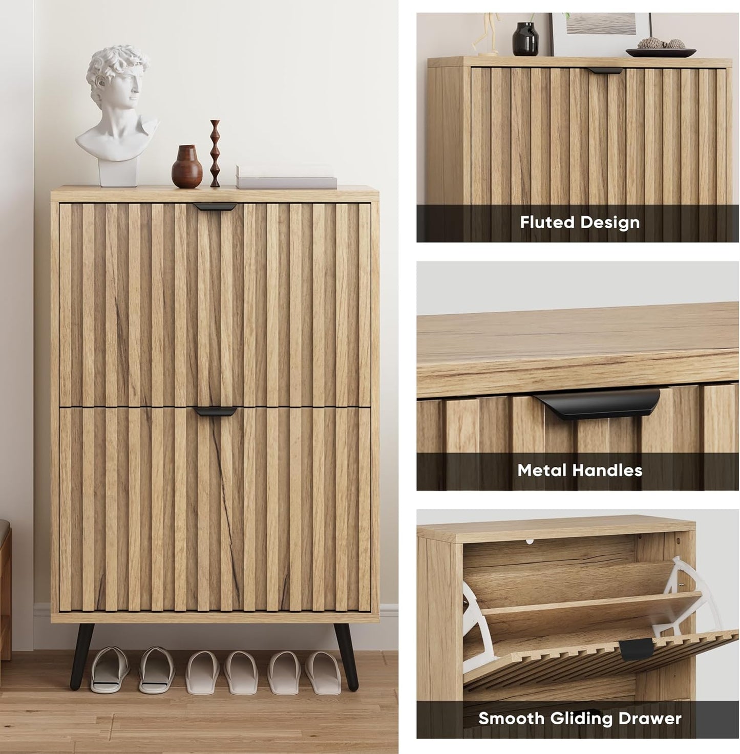 Smuxee Shoe Cabinet with 2 Flip Drawers, 23.6" Natural Hidden Shoe Storage Cabinet with Fluted Design, Freestanding Shoe Organizer Cabinet for Entryway, Hallway, Closet, Living Room