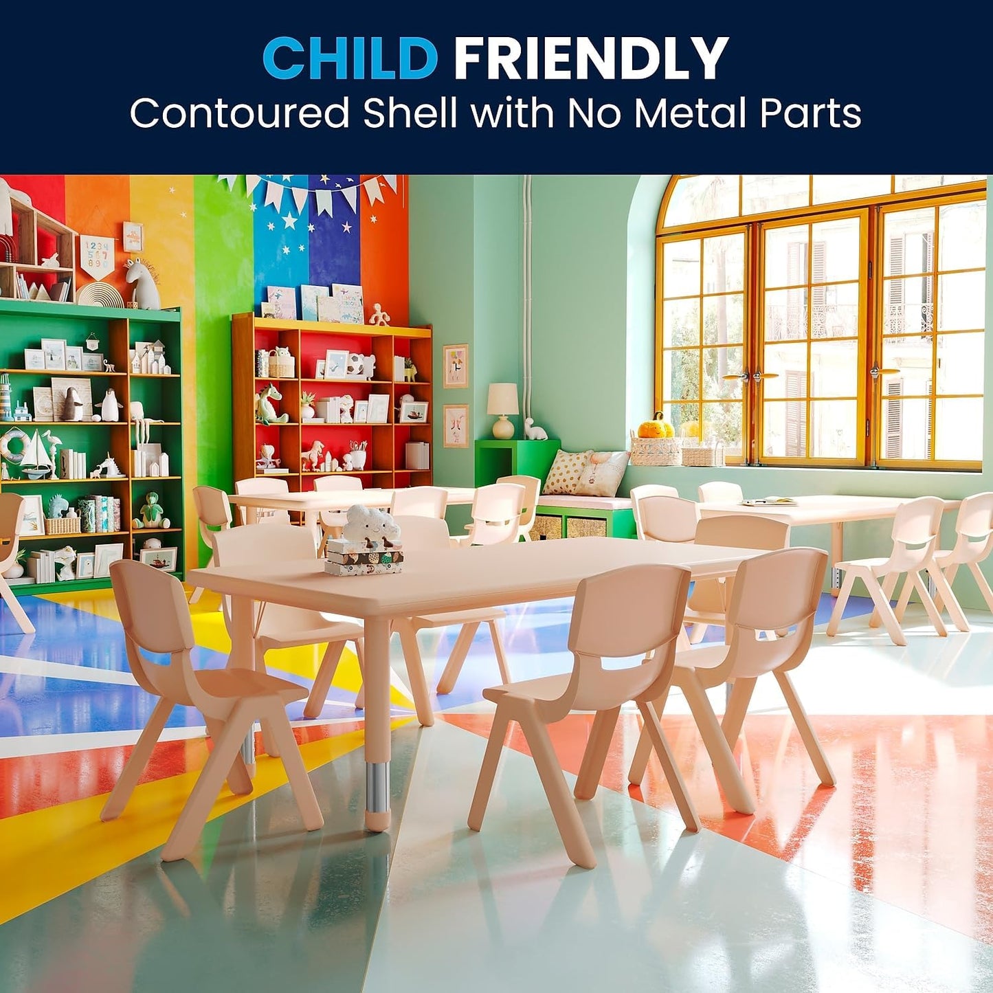 Flash Furniture Adjustable Classroom Activity Table with 6 Stackable Chairs, Rectangular Plastic Activity Table for Kids, 24" W x 48" L, Natural