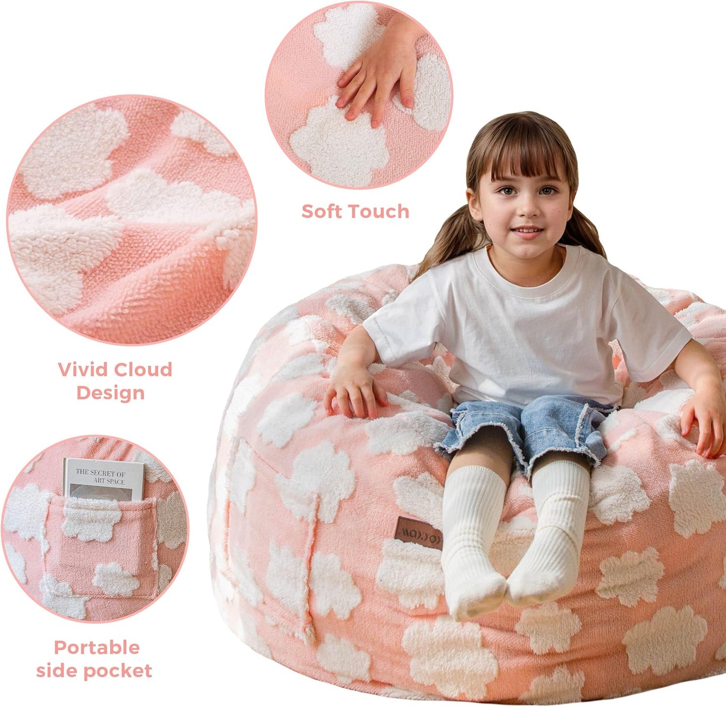MAXYOYO Bean Bag Chair for Kids, Cloud Pattern Lazy Chair with High-Density Foam Filling, Stuffed Floor Sofa Couch for Boys and Girls, Child Floor Sofa for Gaming, Reading, Pink