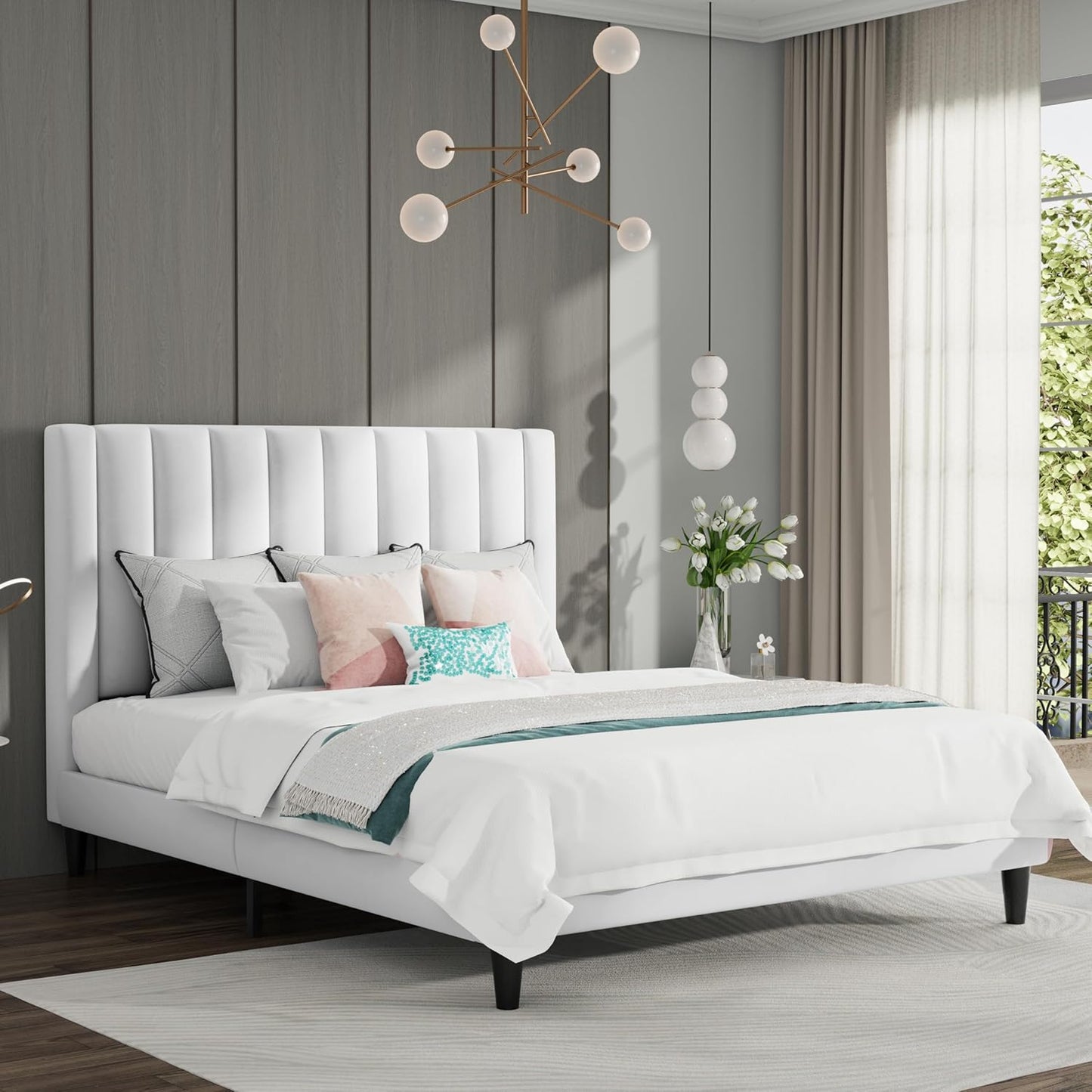 SHA CERLIN Full Bed Frame/Velvet Upholstered Platform Bed Frame with Headboard/Strong Wood Slats Support/Mattress Foundation/No Box Spring Needed/Easy Assembly/White