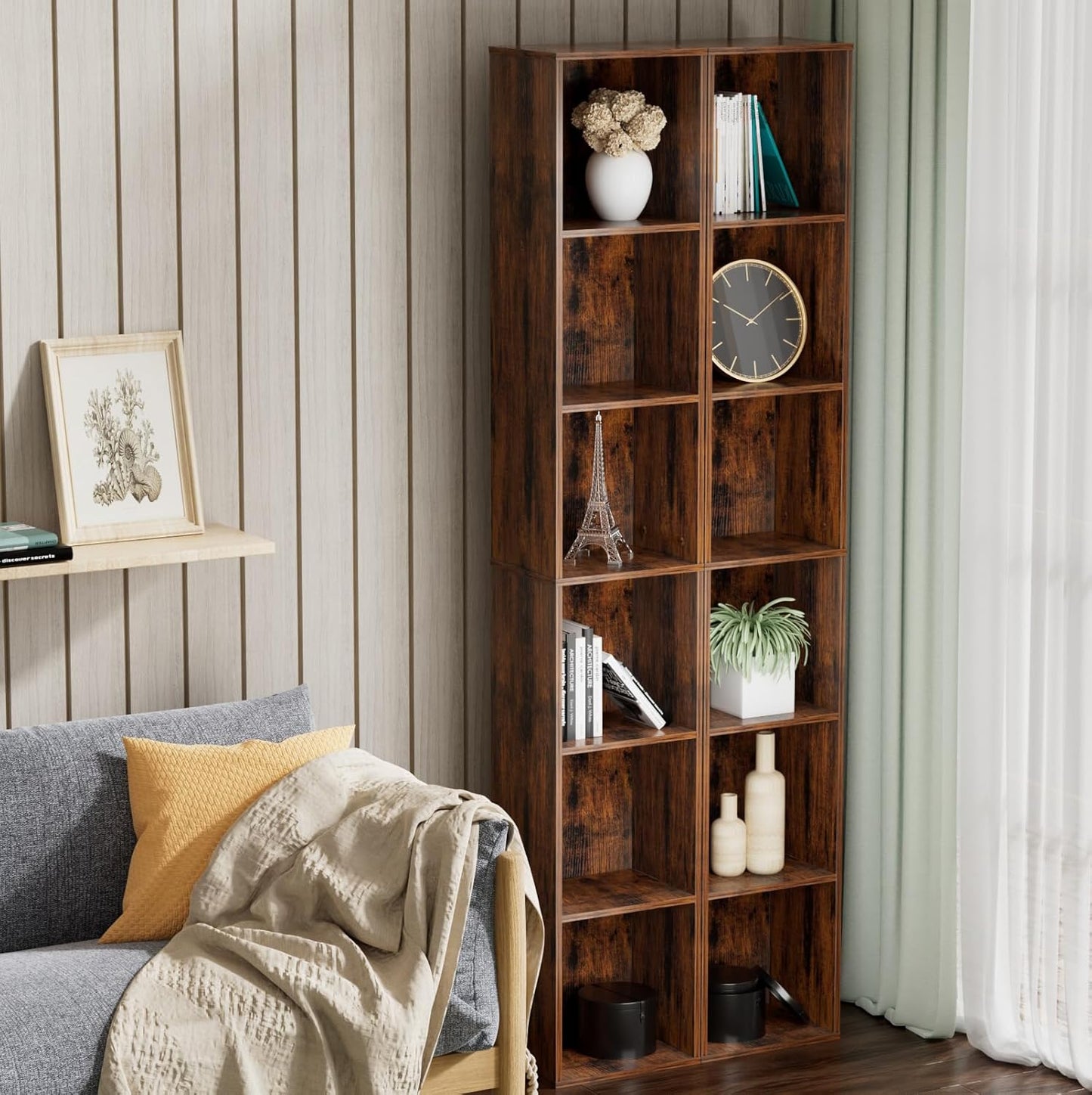 Tall Narrow Bookshelf 6-Tier Bookcase,70.5" Skinny Thin Corner Shelf Slim Storage Cabinet,Wood DVD CD Media Cube Organizer Tower Rack for Small Spaces, Bedroom, Living Room, Office,Brown