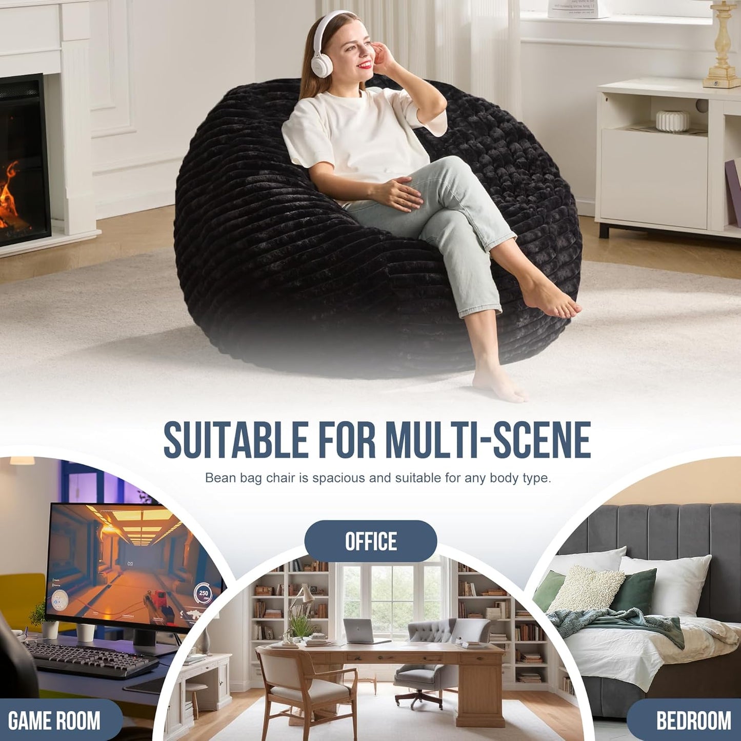 Hobestluk 4ft Bean Bag Chairs for Adults Large Beanbag Chair with Dutch Corded Plush Cover Big Bean Bag Chair for Living Room Bedroom Dorm Office - Black (44" x 44" x 24")