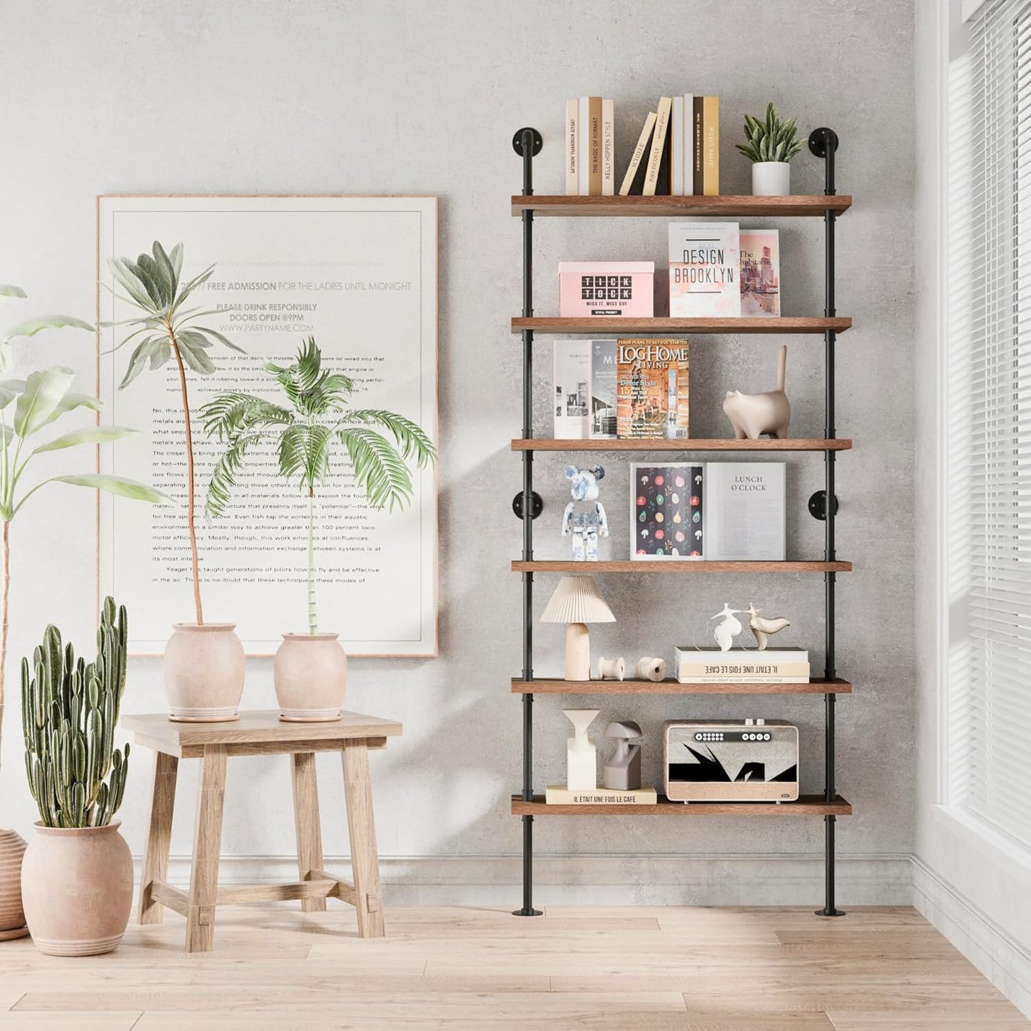 6 Tier Industrial Ladder Shelf Bookcase, Wall Mounted Rustic Bookshelf for Living Room Decor and Storage (Walnut Color, 6 Tier - 10" D x 36" W x 82.5" H)