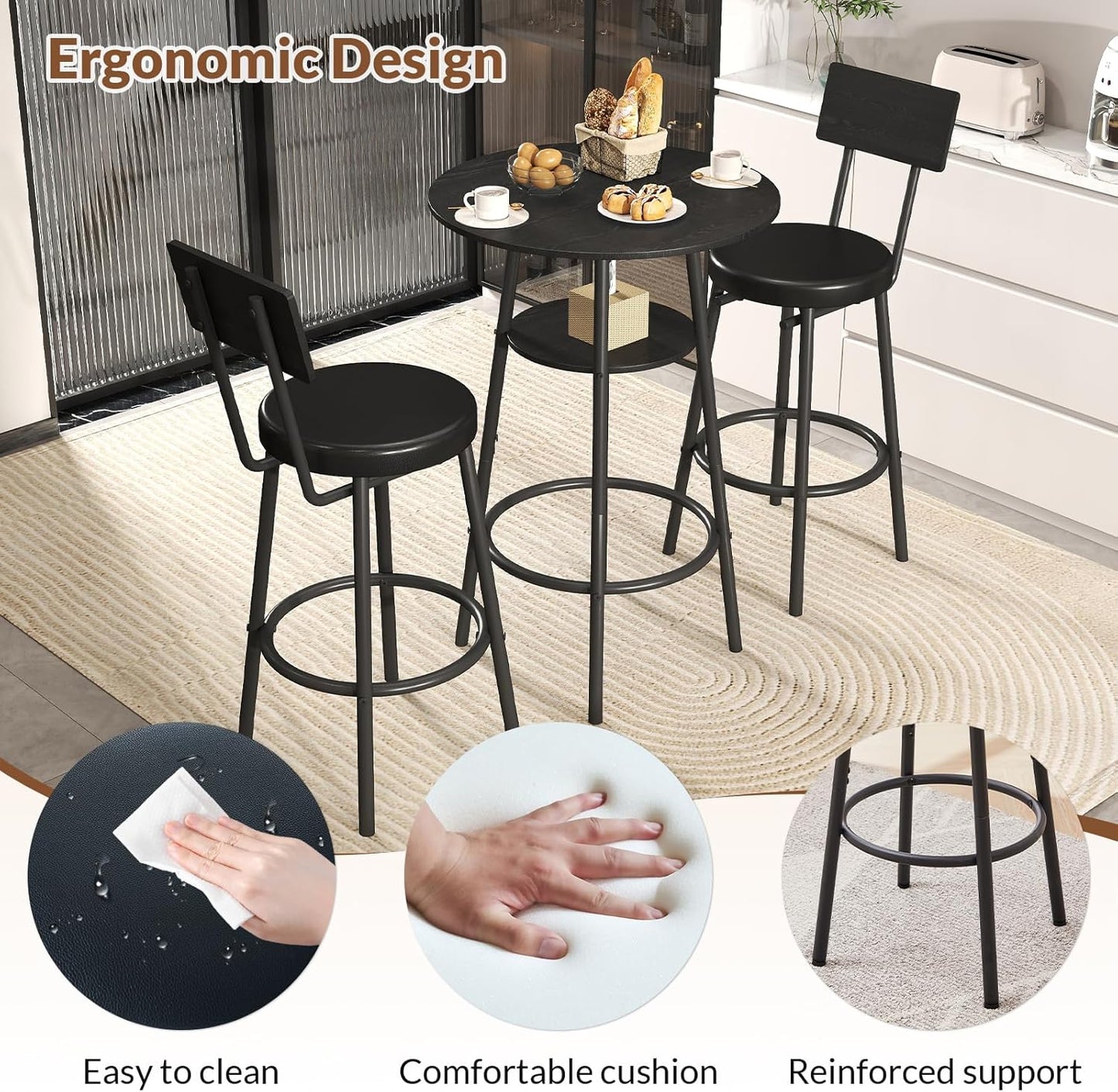 3 Pieces Round Bar Table Set, Small Dining Table for 2, Black Kitchen Bar Table, Breakfast Table with Storage, 2 Thickened Cushion Stools with Backrest for Dining Room & Bistro-Black