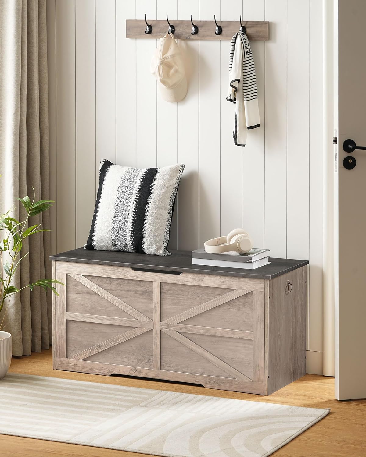 Storage Chest, 39.4" Wooden Storage Trunk, Retro Storage Bench with Safety Hinge, Toy Chest Storage, Farmhouse Style, for Bedroom, Living Room, Charcoal Gray and Greige MCW10HC