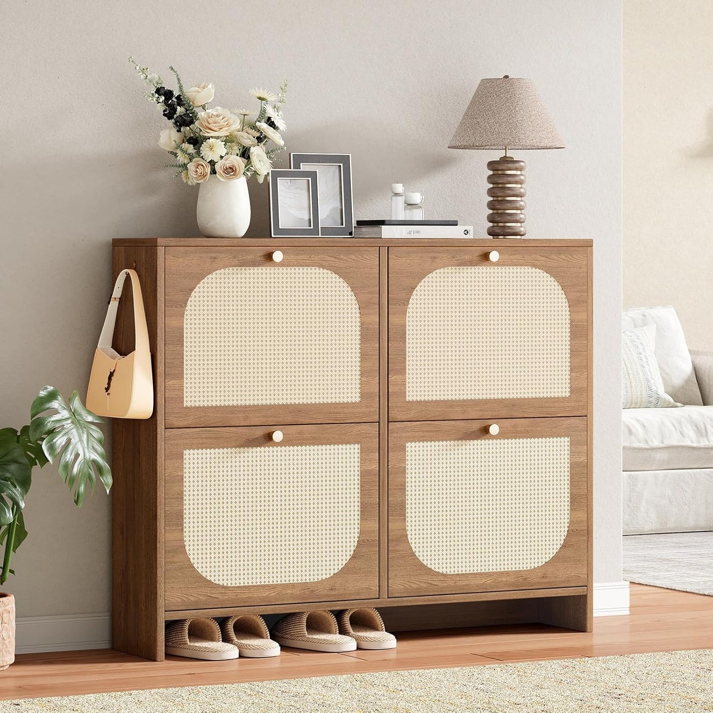 Nicetree Shoe Cabinet Storage for Entryway, Farmhouse Slim Shoe Organizers with 4 Flip Drawers, Freestanding Large Shoe Rack with 3-Tier Adjustable Shelves for Hallway,Foyer, Rustic (Oak)