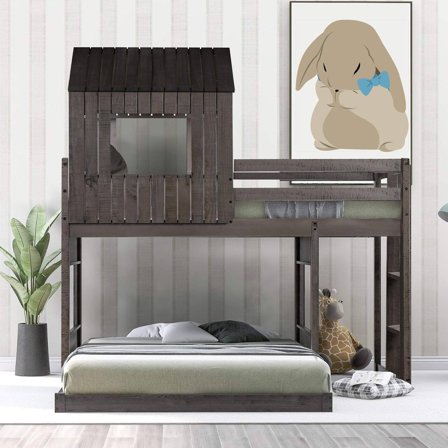 Ball & Cast Twin Over Full Playhouse Bunk Bed with Ladder and Window,Farmhouse Wood Bunkbed w/Full-Length Guard Rail & Slat Support,Space Saving,Bedroom Furniture for Student Dorms,Antique Gray