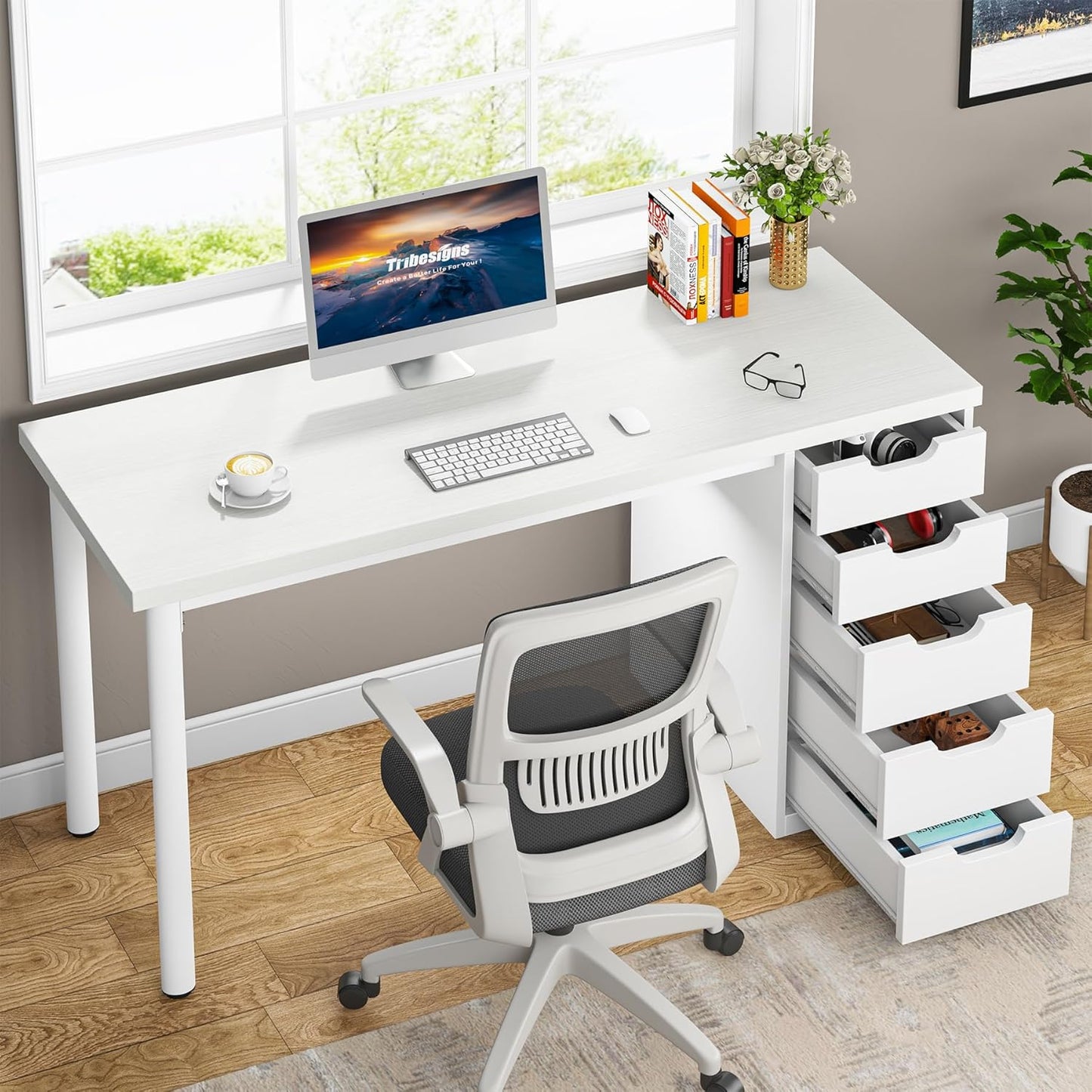Tribesigns Computer Desk with 5 Drawers, 47 inches Rustic Brown Home Office Desk with Storage, Modern Simple Laptop Desk Study Writing Table for Small Spaces (1, White)