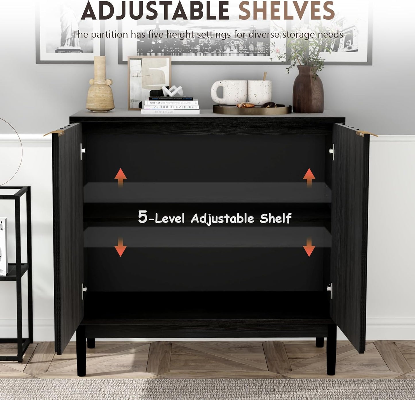 Fluted Cabinet with Storage, Buffet Cabinet Sideborad with Door, Kitchen Buffet Storage Accent Cabinets with Adjustable Shelves for Living Room, Entry, Hallway, Black