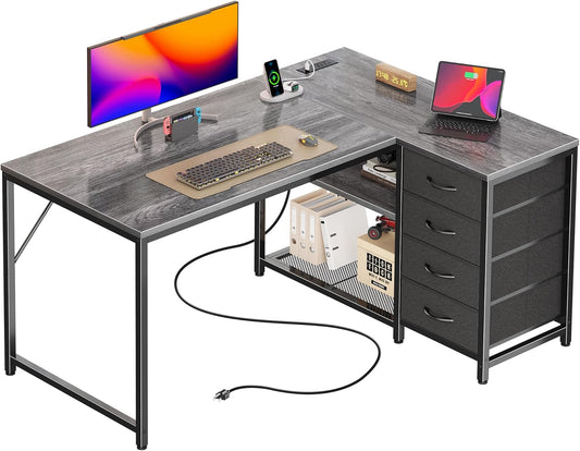 PRAISUN 43.3" Small Computer Desk with Power Outlets and USB-C Port, Reversible L Shaped Corner Office Desk with 4 Fabric Drawers and 2 Height-Adjustable Shelves, for Gaming Writing, Grey