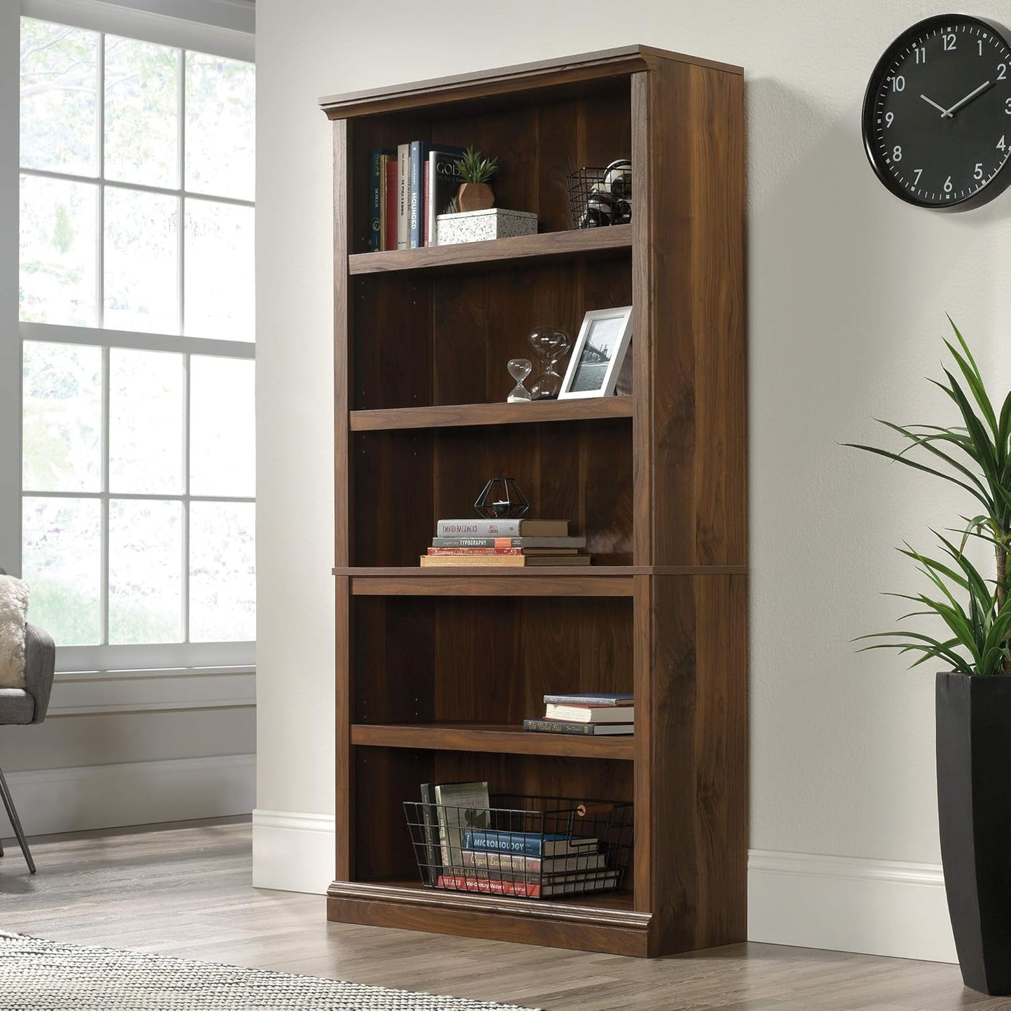 Sauder 5 Tier Book Shelf Wooden Bookcase Multipurpose Bookshelf for Home Office, Living Room, in Grand Walnut